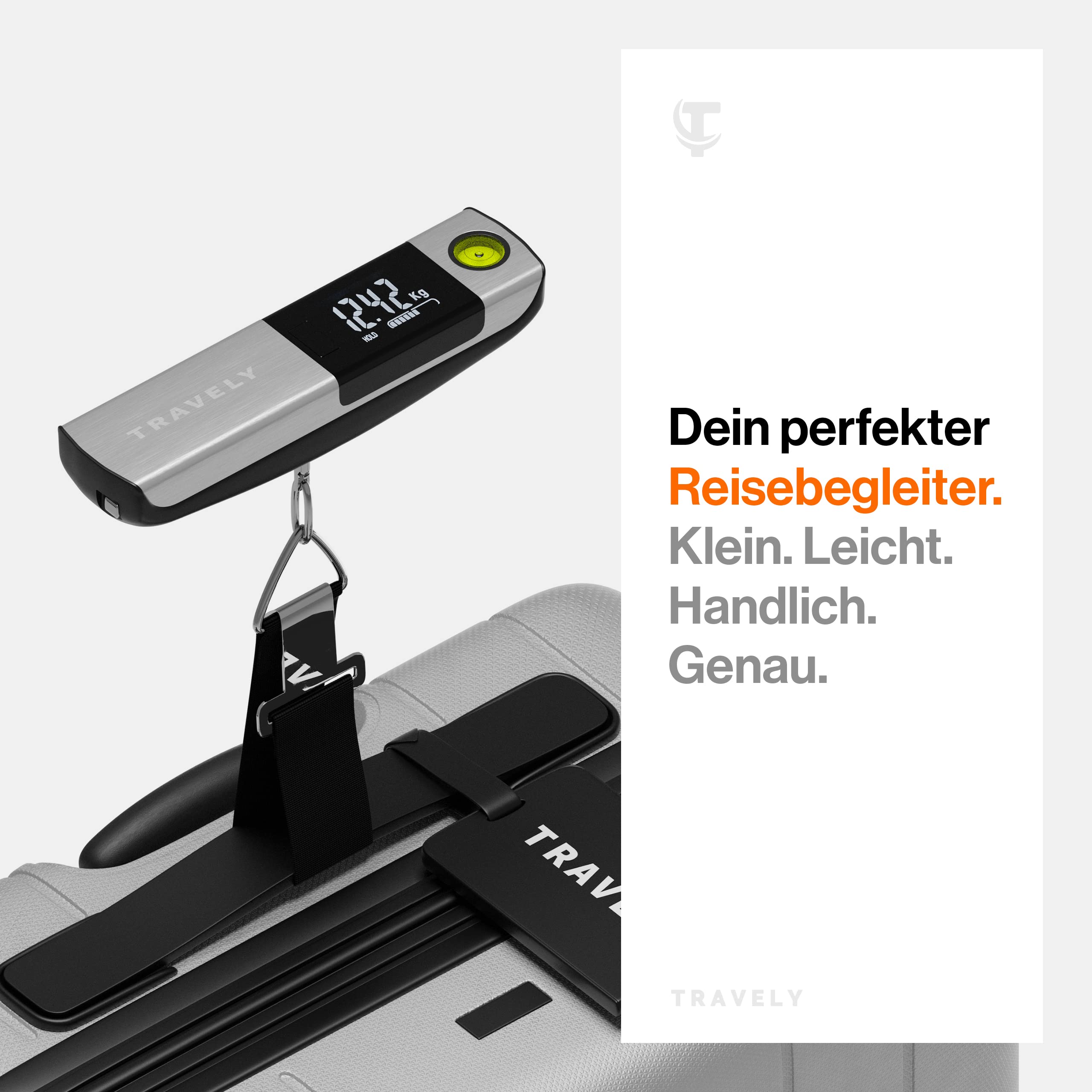 TRAVELY Premium Kofferwaage aus gebürstetem Edelstahl bis 50KG I Gepäckwaage mit praktischem Maßband und integrierter Wasserwaage für genauste Messungen. weight Scale digital mit haken