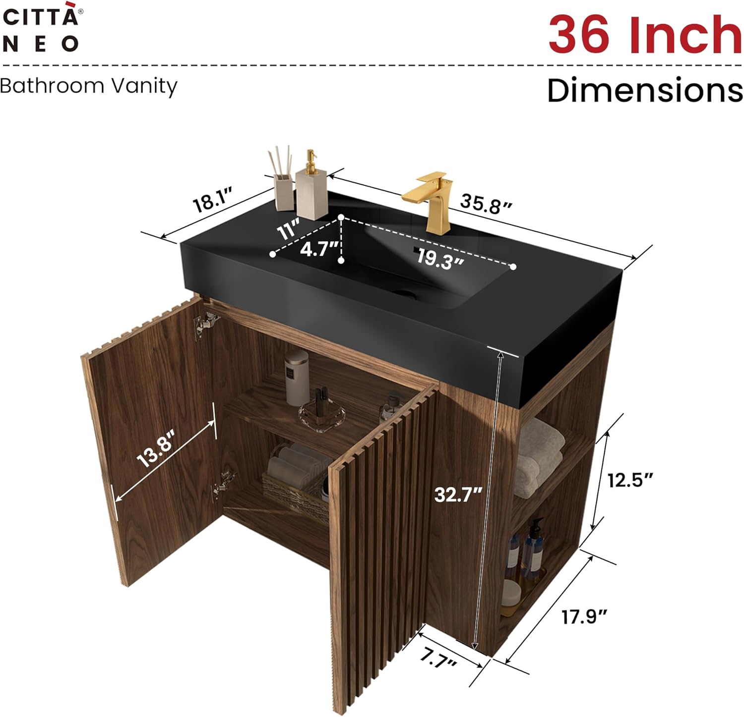 36" Bathroom Vanity with Sink, Freestanding Single Sink Bathroom Vanity with Black Engineered Stone Top & Open Side Storage, Soft-Closing Doors with Adjustable Shelf, Walnut