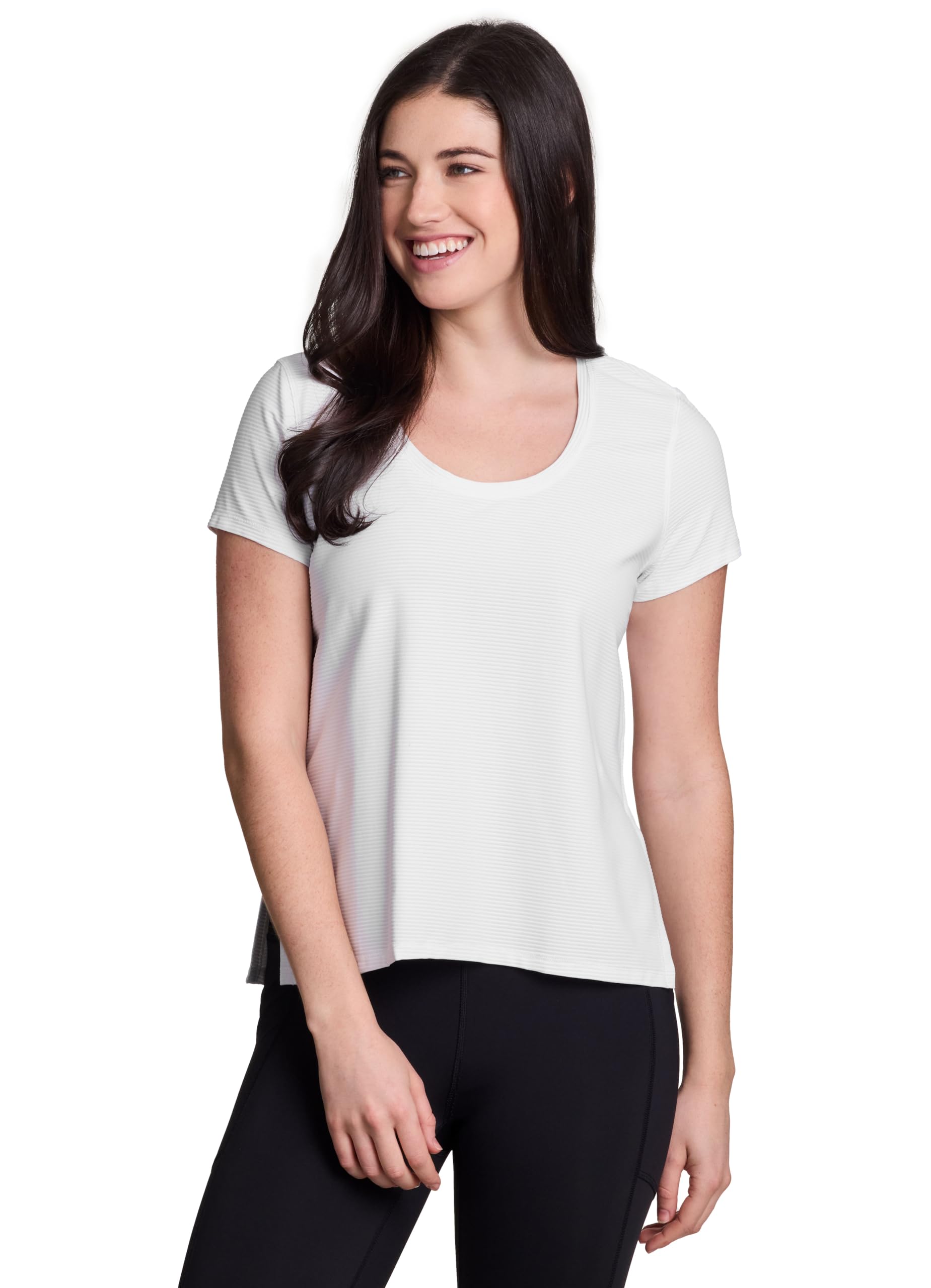 RBX Active Women's Quick Drying Gym T-Shirt with Side Vents, Short Sleeve Breathable Closed Mesh Workout Top Shadow Stripe White