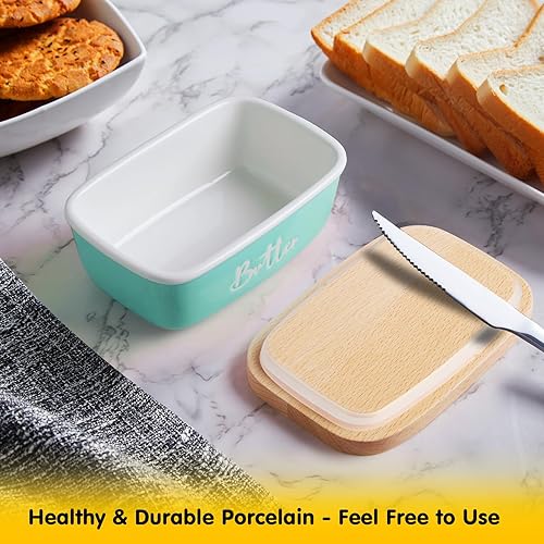 Miniatura 2 de ALELION Mantequera de cerámica turquesa con tapa, decoración de cocina turquesa y accesorios de cocina verde azulado para encimera, recipiente
