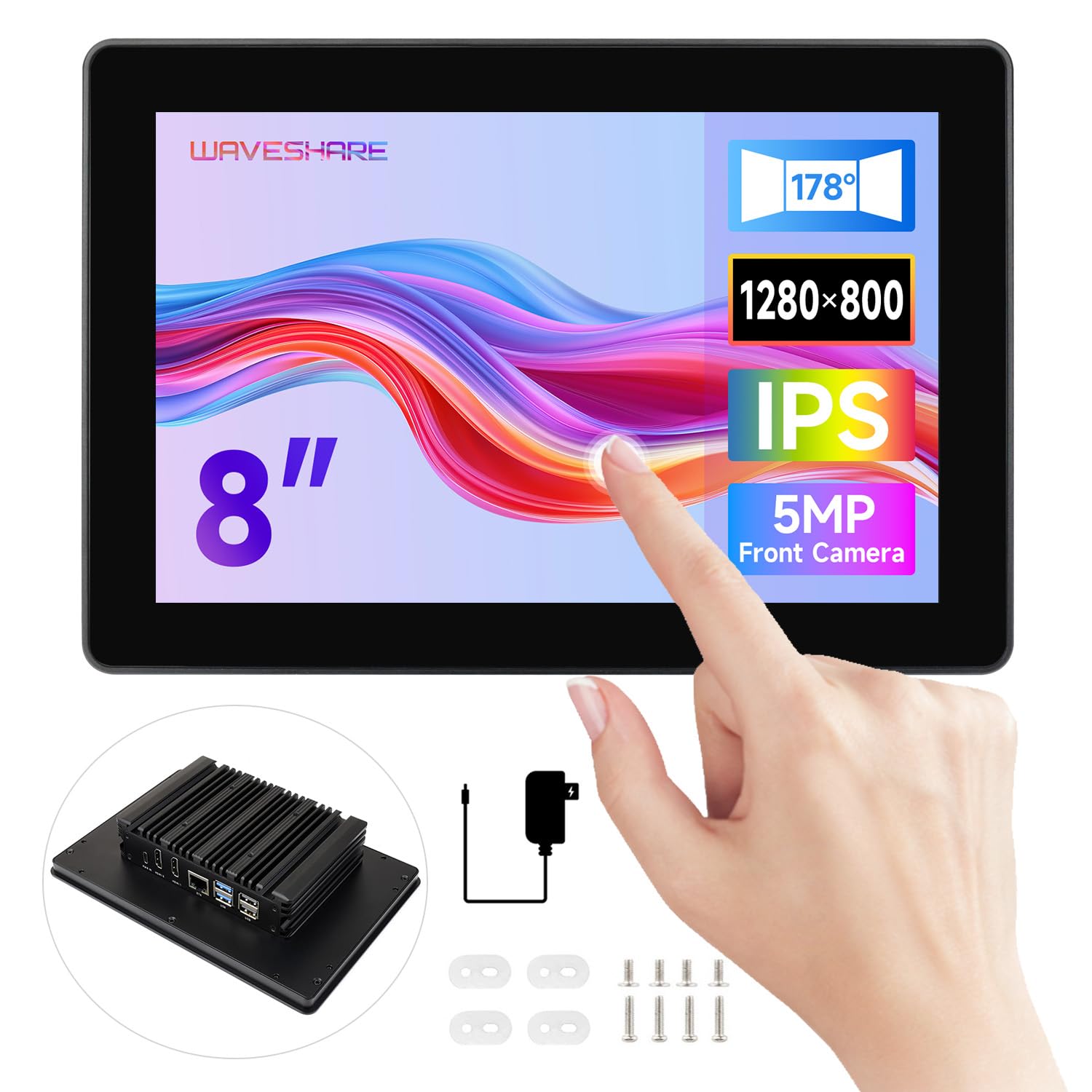Waveshare Industrial HMI All-in-one 8inch Touch Display, Compatible with Raspberry Pi 5 (Included), Supports Dual 4K HDMI Output, 10-Point Touch, Aluminum Alloy Case, High-Efficiency Heat Dissipation