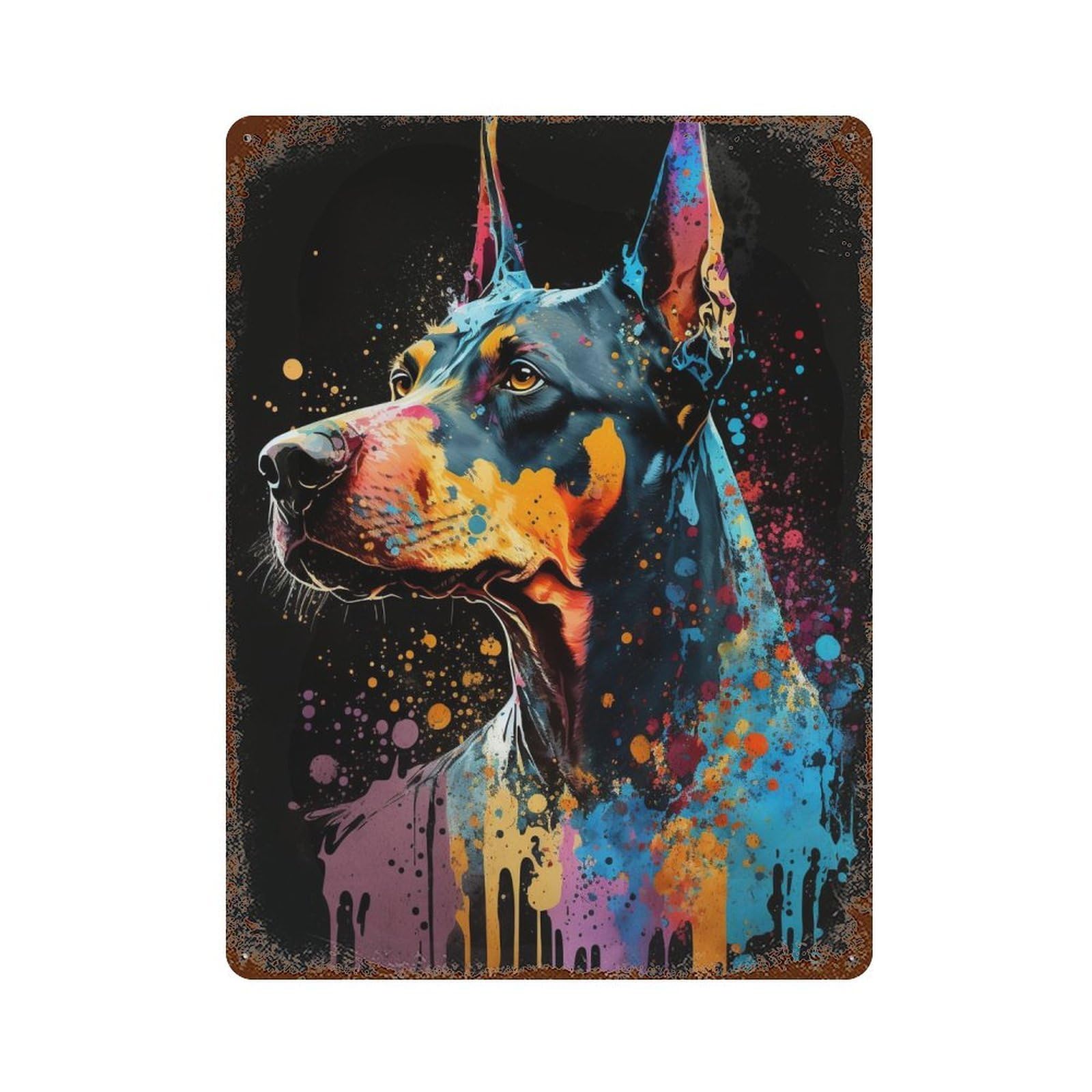 Garage Style Colorful Doberman Painting Rusty Metal Tin Sign 15.7"x11.8", Classic Wall Plaque for Bar And Workshop