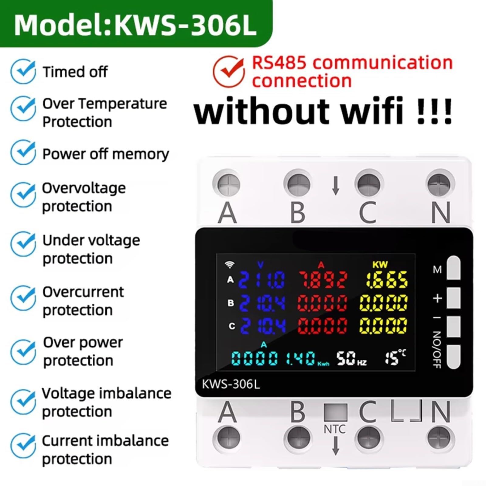 Contador trifásico KWS-306 con gran pantalla LCD VA, rango de voltaje CA 85-290 V, rango de corriente 0-80 A, potencia de 0-23 kW, instalación de línea sin tornillos, memoria en caso de fallo de