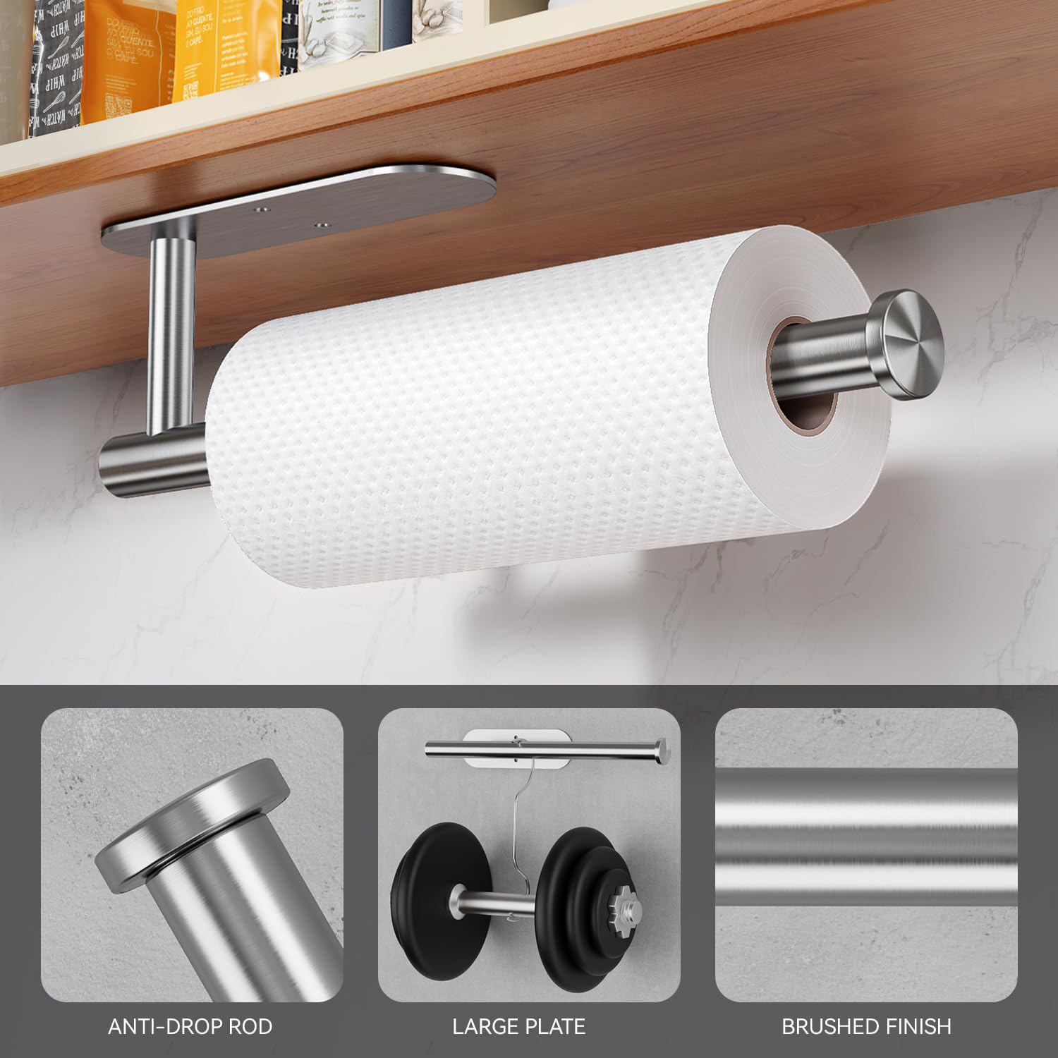 Soporte para toallas de papel debajo del gabinete, rollos de papel autoadhesivos para cocina, montaje en pared de acero inoxidable grueso a prueba de óxido, ambos disponibles en adhesivo y 6