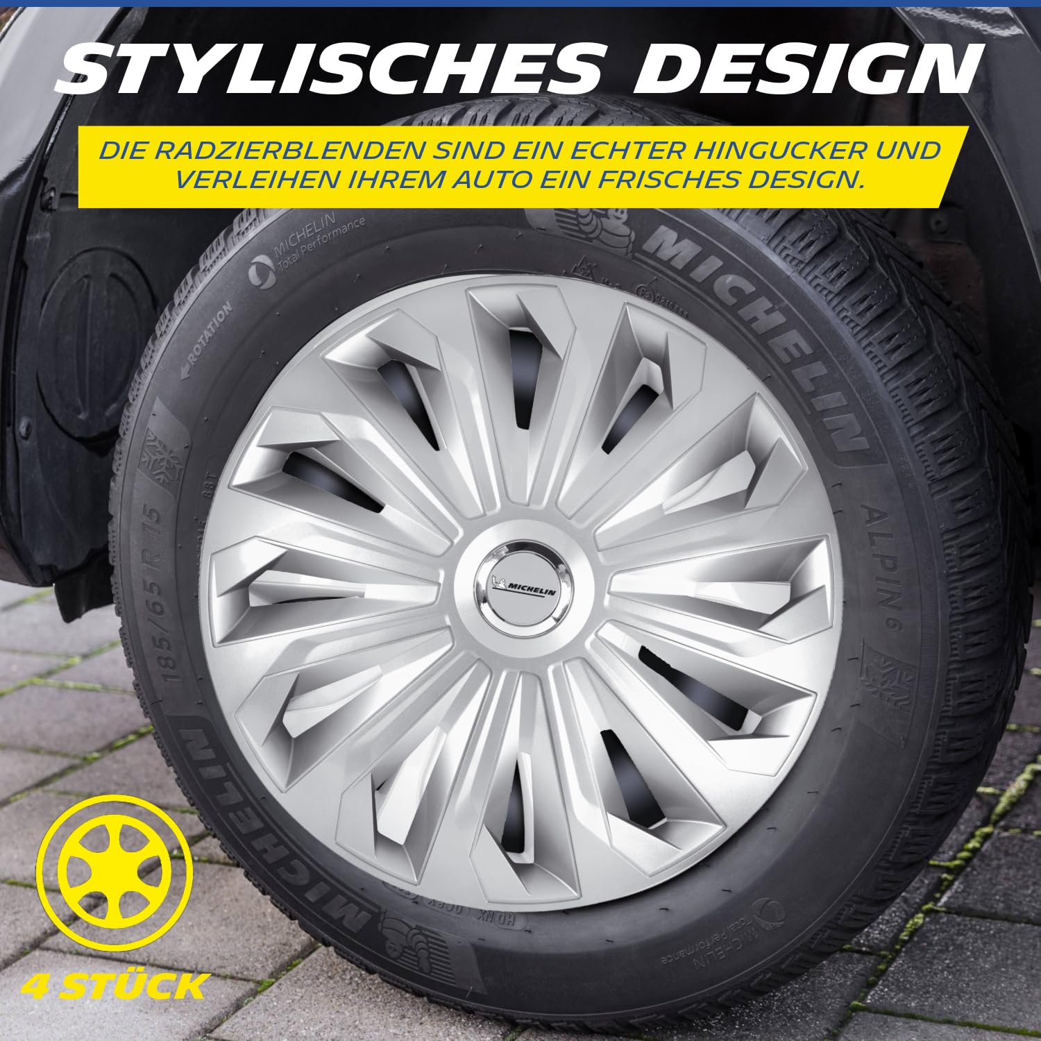Michelin 92001 Set copricerchi Modello 43RC, 4 pezzi, 35.56 cm (14'') con sistema riflettente N.V.S., argento - set da 4