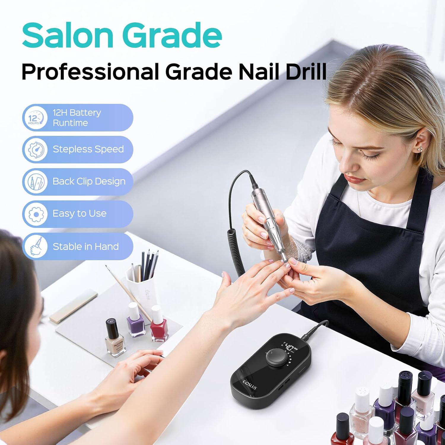 COSLUS E51 Professional Electric Nail Drill, 40000 RPM Portable Rechargeable Nail File with Storage Stand for Acrylic Gel Polishing Removing - Easy to Use for Women, Manicure at Home or Salon, Black