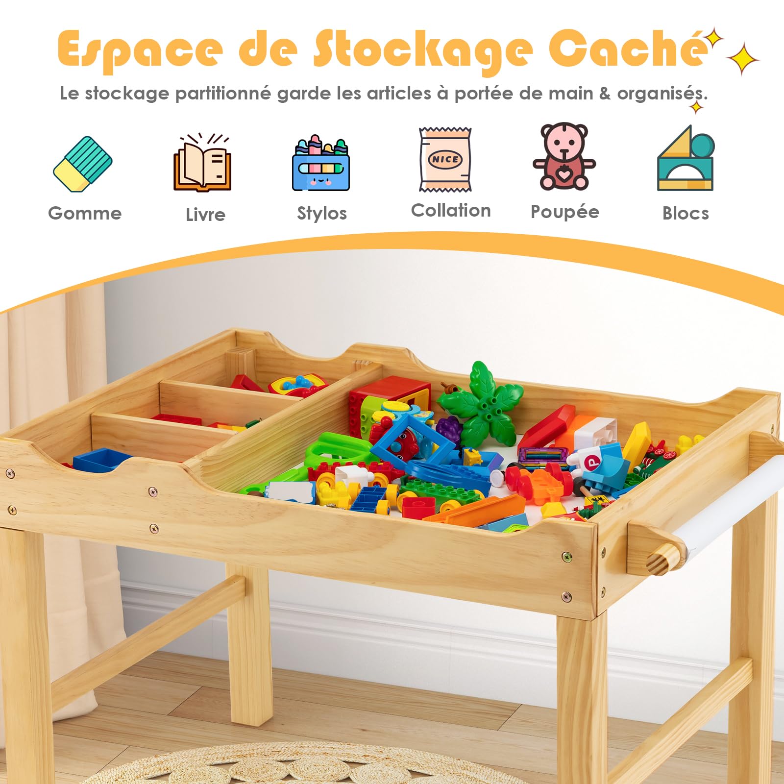 DREAMADE Table de Jeu Multi-Activités en Bois Enfants 80x60x57CM,Table de Construction Réversible Tout-Petits 3+Ans avec Plateau Double Face,Rouleau de Papier,3 Cubes,Papier Dessin (Naturel)