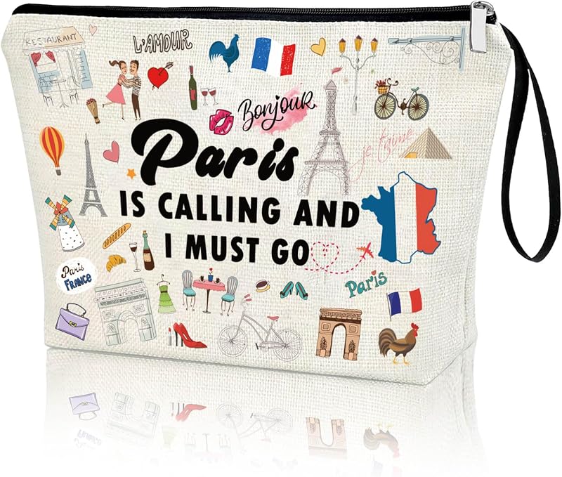 Necessaire de viagem Virfuntaki Paris com zíper e alça, linho branco, 20,07 x 5 x 18 cm, 1 unidade