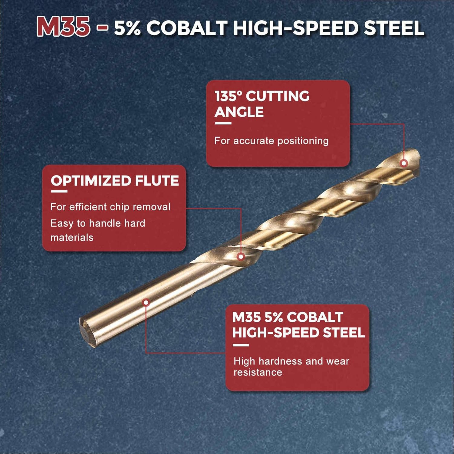 2pcs Drill Bit - [15/32" Diameter] 11.906mm M35 5% Cobalt HSS Cutting Tool for Machining Hard Metal Steel Woodworking Handicraft Use, 173° Cutting Angle Gold