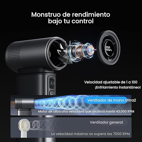 Miniatura 3 de JISULIFE Ventilador de mano portátil Ultra2 9000mAh, máximo 25 horas, 5 en 1, ventilador turbo de 100 velocidades, cargador de batería recargable de