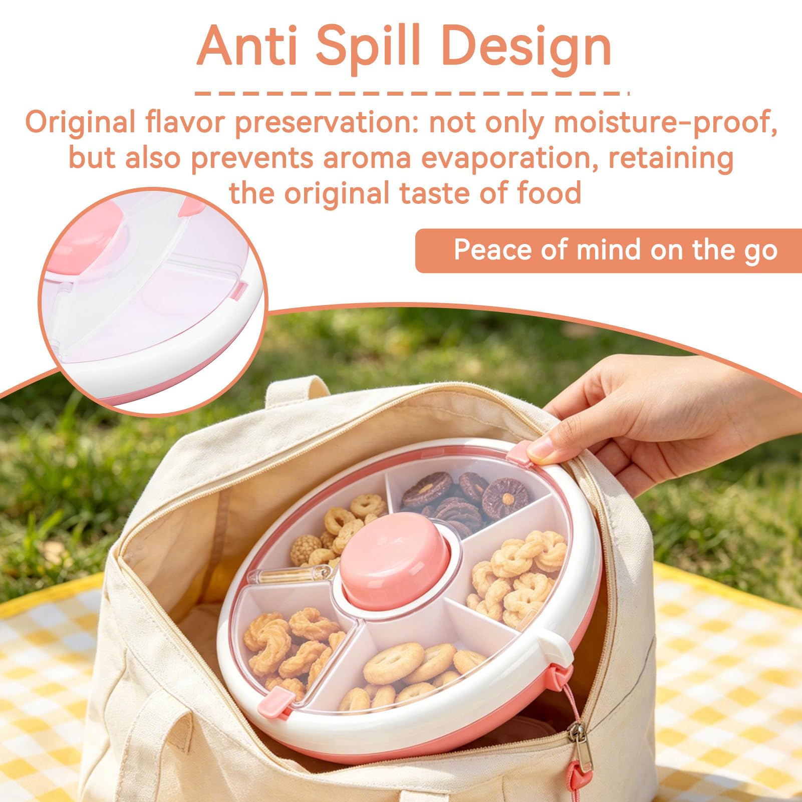 Contenitore per snack girevole per bambini, sigillo per frutta portatile sigillato a 5 scomparti con vassoio per snack con cinturino da mano per viaggi per adulti Viaggio a casa per bambini(Rosa)