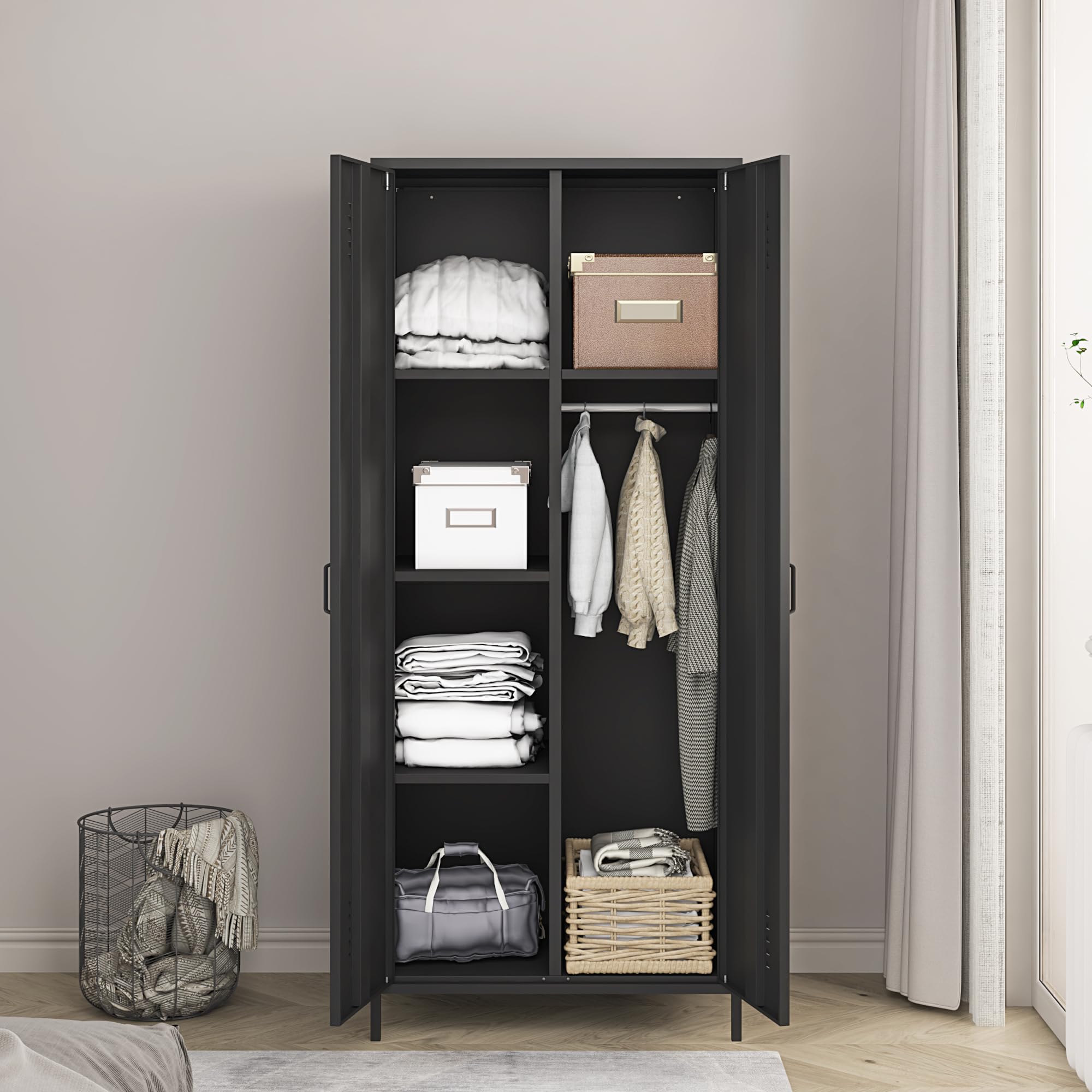 [en.casa] Armoire Métallique Vestiaire Casier avec Fentes d'Aération Barre de Penderie Meuble de Rangement Style Industriel pour Chambre Bureau Atelier Acier 180 x 76 x 50 cm Noir Mat