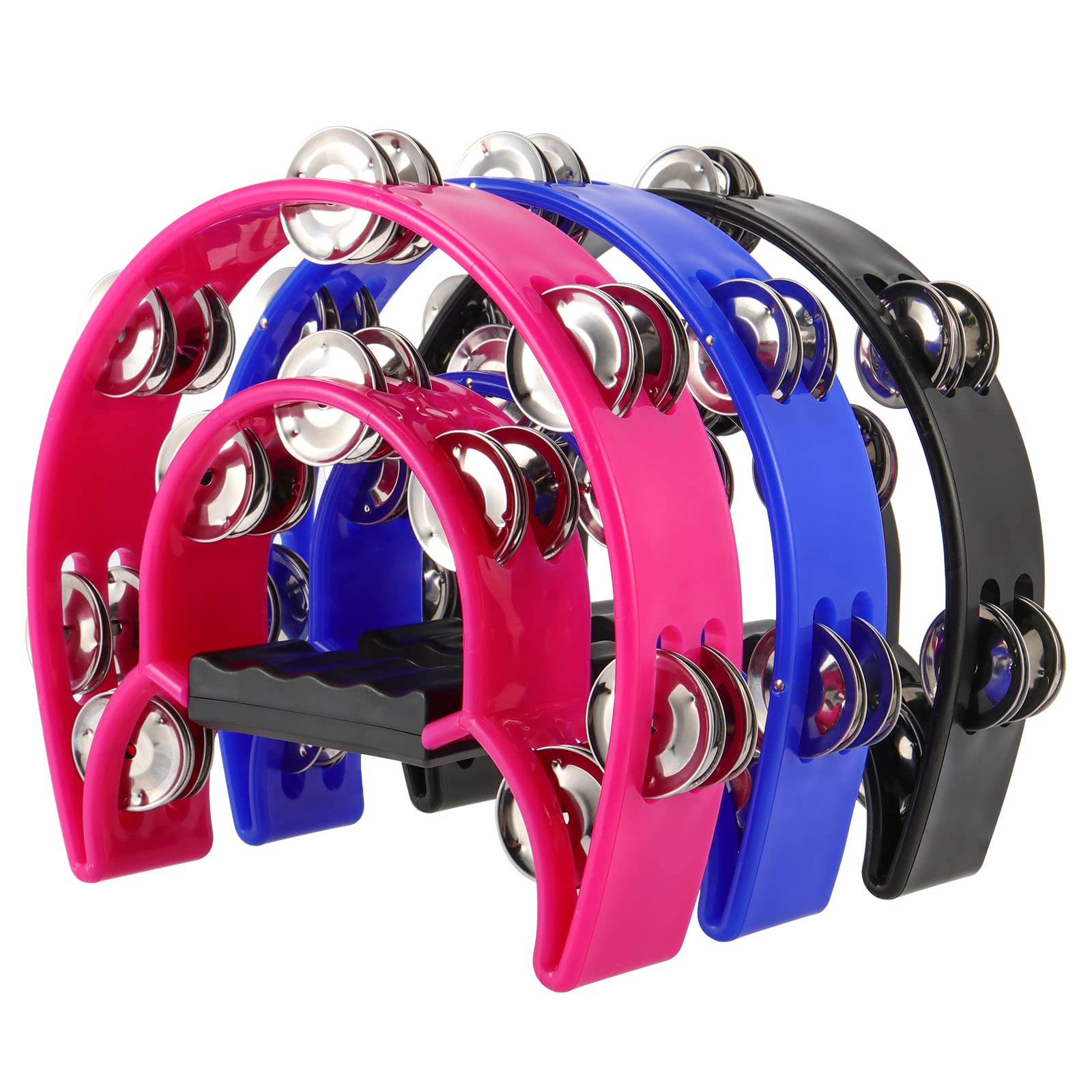SINJEUN Paquete de 4 panderetas de doble fila de 10 pulgadas, percusión de mano de metal con mango ergonómico, pandereta musical de media luna de 4 colores para principiantes, iglesia, karaoke, fiesta