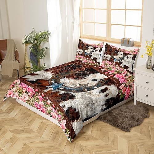 Miniatura 2 de Manfei Juego de funda de edredón de herraduras tamaño matrimonial, juego de ropa de cama de flores rosas rosas de 3 piezas para niños y niñas,