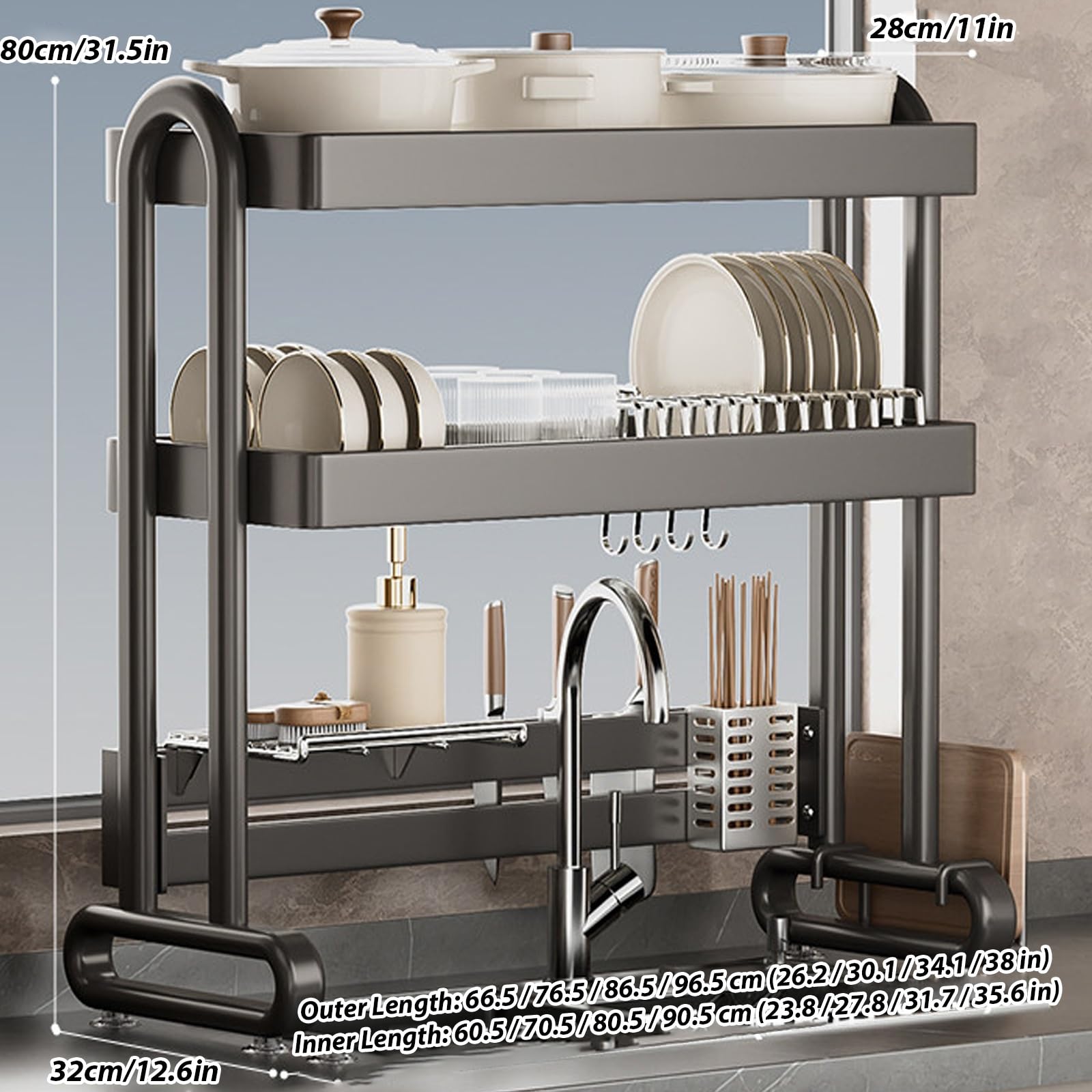 Escurridor de Platos de Acero al Carbono Robusto Organizador de encimera ventilado y autodrenante para Guardar Platos, Cuencos y Fuentes (Doble Capa, 86,5 cm/34,1 Pulgadas
