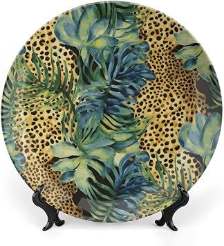 Bone China Decorative Plates for Display 8inch Ceramic Print Animal Leopard Print Jungle Dinner Plate with Display Stand Wall Hanging Large Porcelain Salad Plate for Wedding Bridal Tea Party Supplies