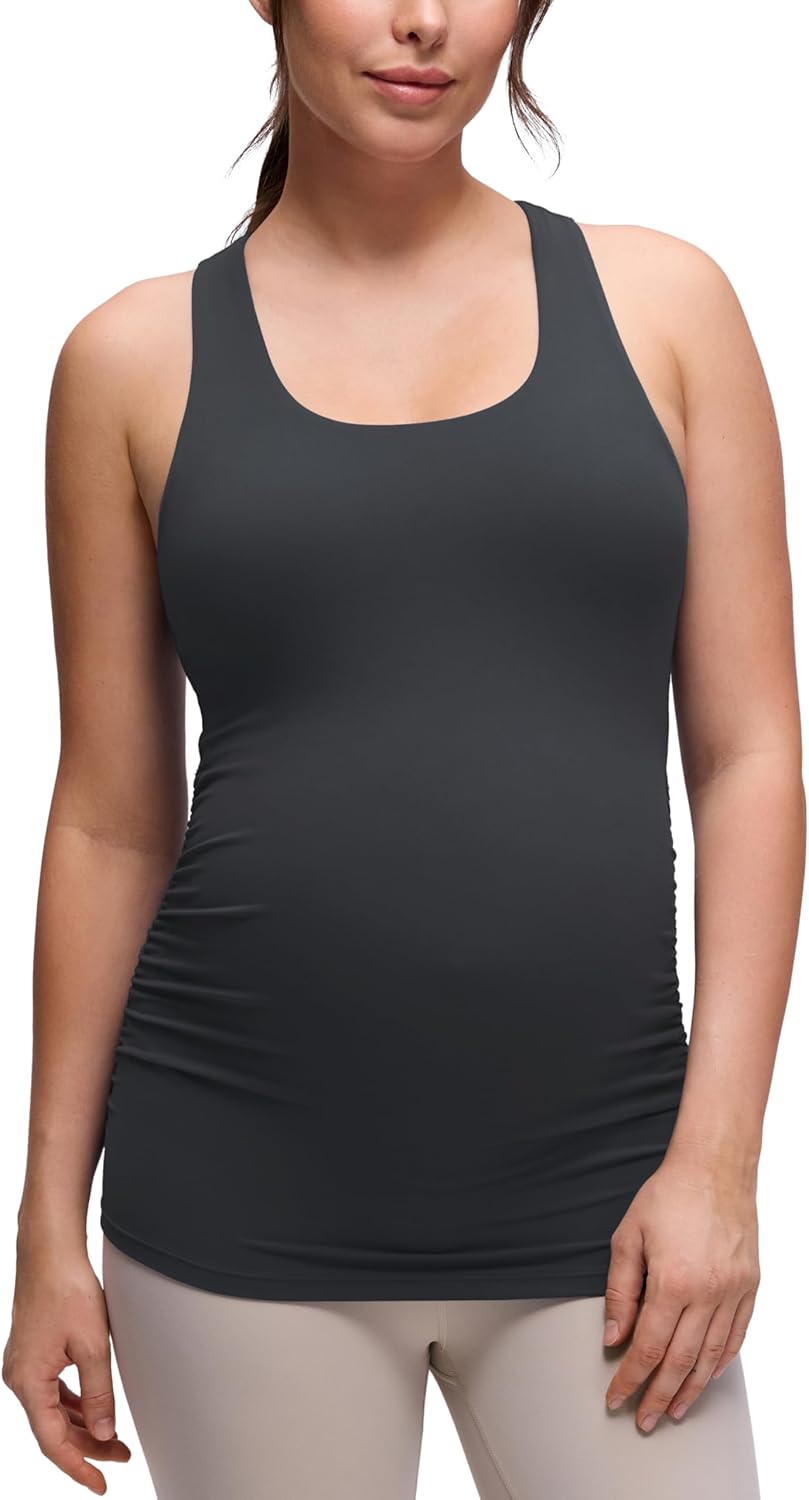 CRZ YOGA Butterluxe Maternity Racerback Tank Tops - Ruched Sleeveless Womens Pregnancy Yoga Workout Shirt with Built in Bra