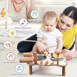 SehrKlug Kids Drum Set for Toddlers 1-3 - Baby Musical Instruments Montessori Toys for 1 Year Old Boys Girls, Warm Color, Baby Drum Set Music Toys Birthday Gifts Ages 1-3-5+
