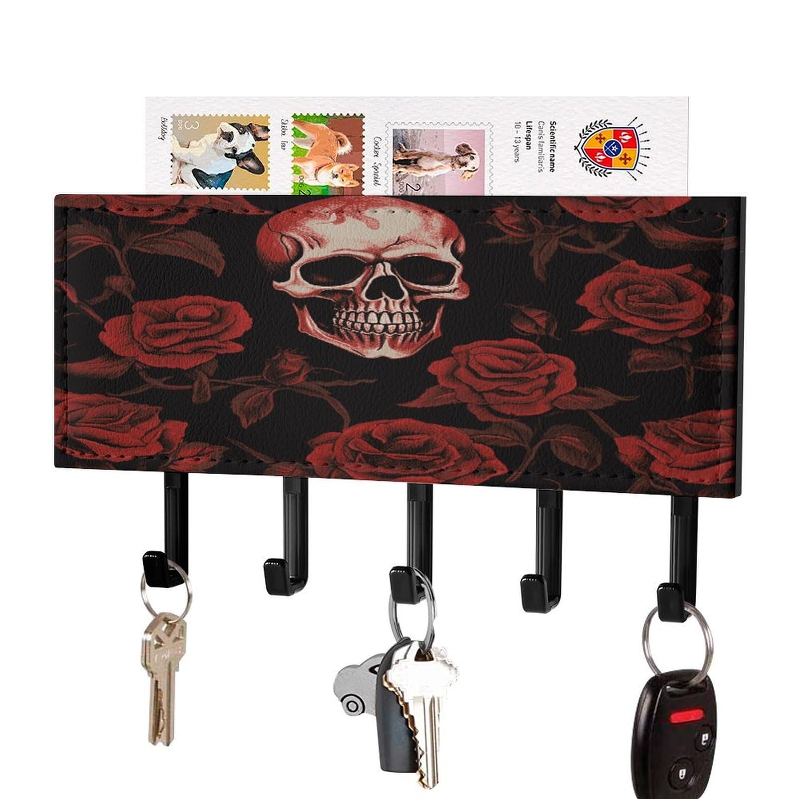 Fekiloot Black-Style Skull Rose Key Holder Wall Mount Key And Mail Holder Key Hanger With 5 Hooks Decorative Pu Key Rack Hanging Key Hooks For Wall Living Room Kitchen Bathroom Hallway