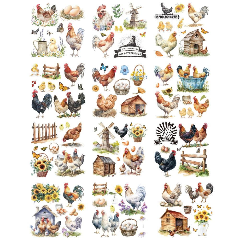 GOMAKERER 12 Sheets 12 Styles Rub on Transfers, Waterproof Rub on Transfers Rustic Style Roosters Themed Cup Wraps Decal for Glass Cups DIY Crafts Furniture Decorations, 14x14cm
