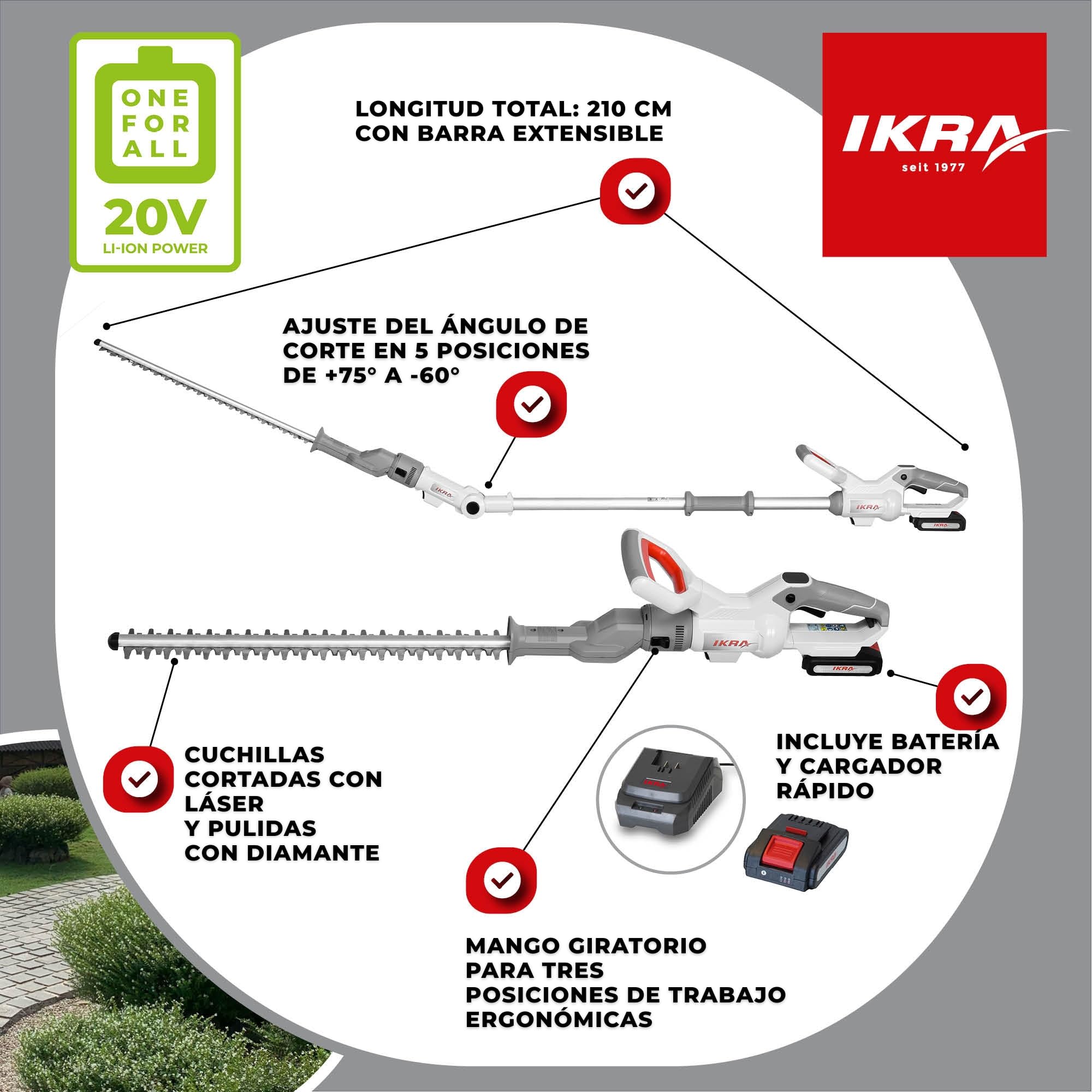 IKRA Cortasetos telescópico 2en1 ICPH 2050, 2 baterías y Cargador rápido | Para setos normales y, con la función telescópica, también para setos altos; incl correa para el hombro, gama de 20 V de IKRA