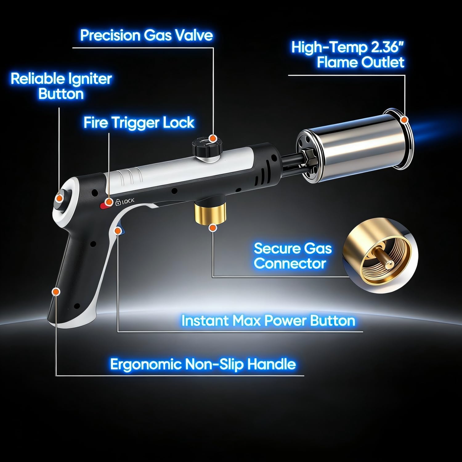 FDCpro Stainless Steel Propane Torch - Adjustable Flame & Safety Lock, 3272°F Heavy Duty Torch Gun for BBQ, Charcoal Ignition, Kitchen Cooking, Outdoor Fire Starting, Campfire & Family Outdoor.