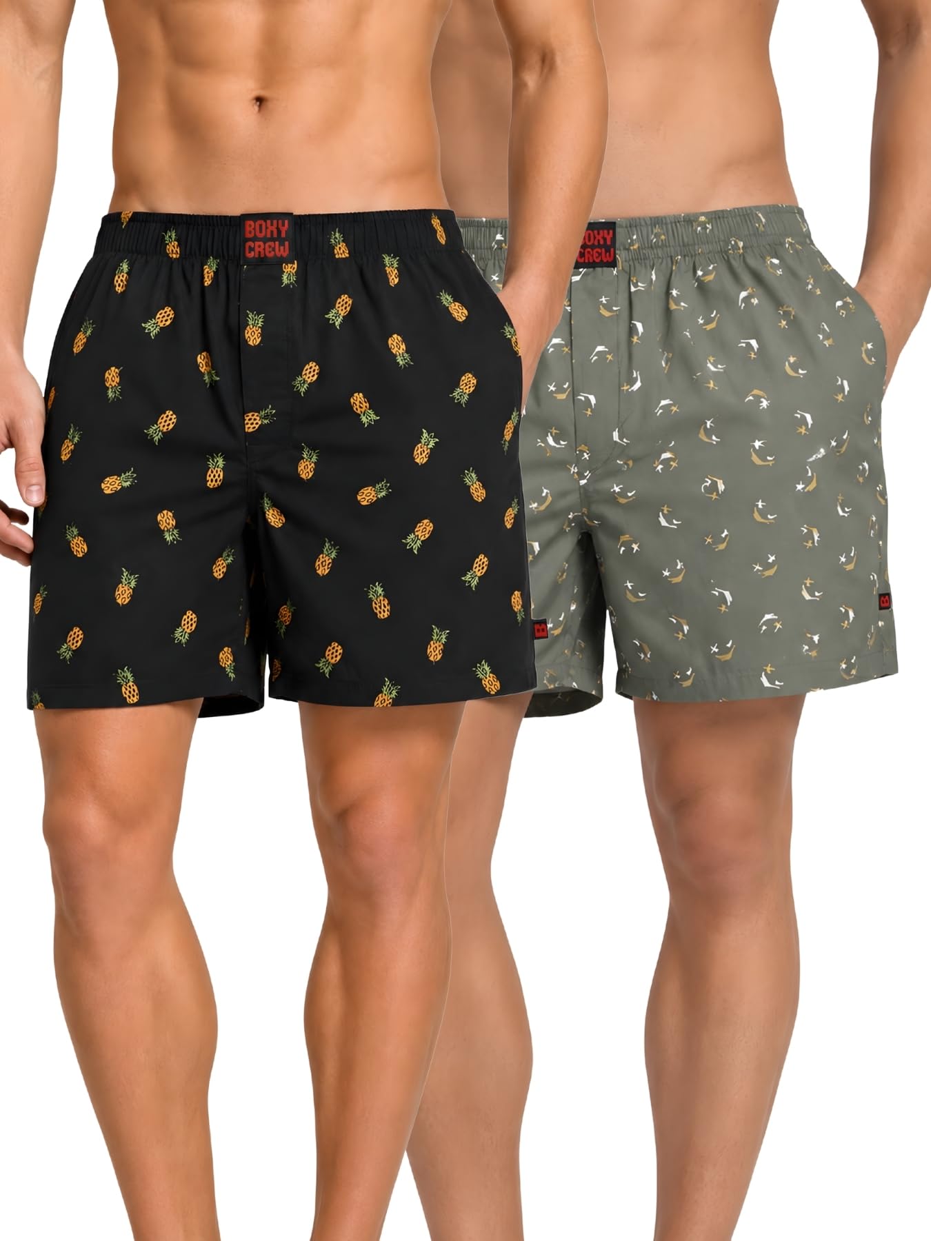 boxy crew Men Boxer Shorts Pack of 2, 100% Cotton Woven Boxers, Charcoal & Green, Printed Designs, Dual Side Pockets, No-Marks Inner Elastic Waistband, Relaxed Fit Lounge & Sleep Shorts-picture-31