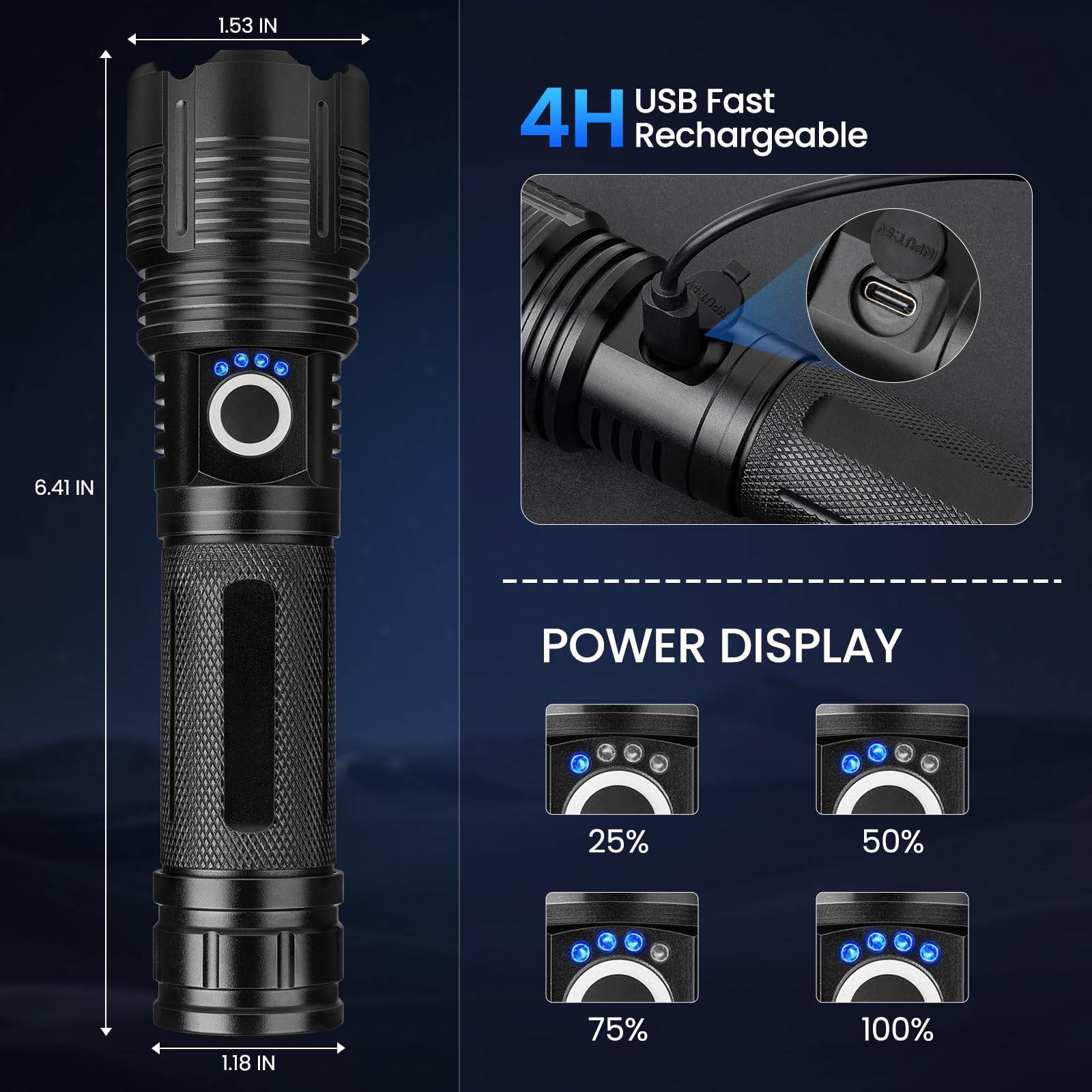 MILAOSHU Paquete de 4 linternas recargables de 99.000 lúmenes altos, linternas recargables superbrillantes para el hogar, potente luz LED con 5 modos de luz, IPX7 impermeable para exteriores, camping