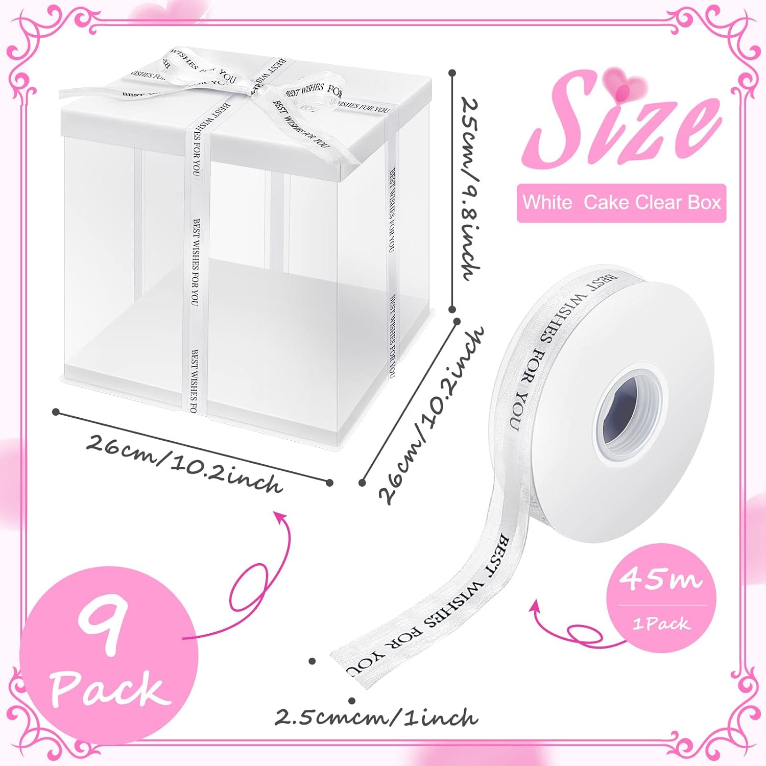 Taiyin 9 Pcs Large Tall Clear Cake Box 10''x10''x9'' White PET Gift Box with Ribbon and Pre Folded Lid for 8'' Cake Bakery Pastries Baking Display Birthday Wedding Party