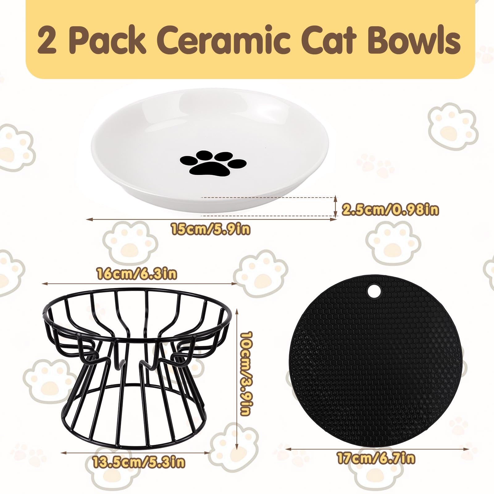 Ciotole per Gatti in Ceramica Rialzate con Supporto Antiscivolo - Set da 2 Pezzi per Cibo e Acqua