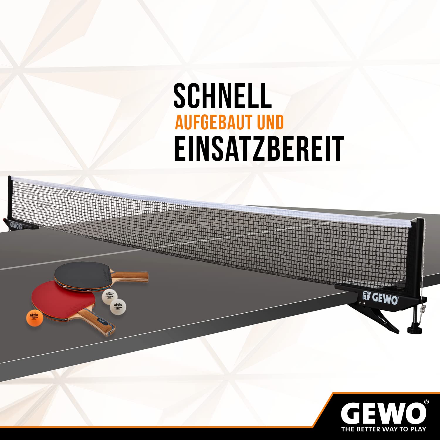 GEWO CS Clip - Rete da ping pong robusta per tavolo da ping pong, set in metallo per morsetto con vite in altezza e struttura a rete resistente, colore: nero, lunghezza 152,5 cm