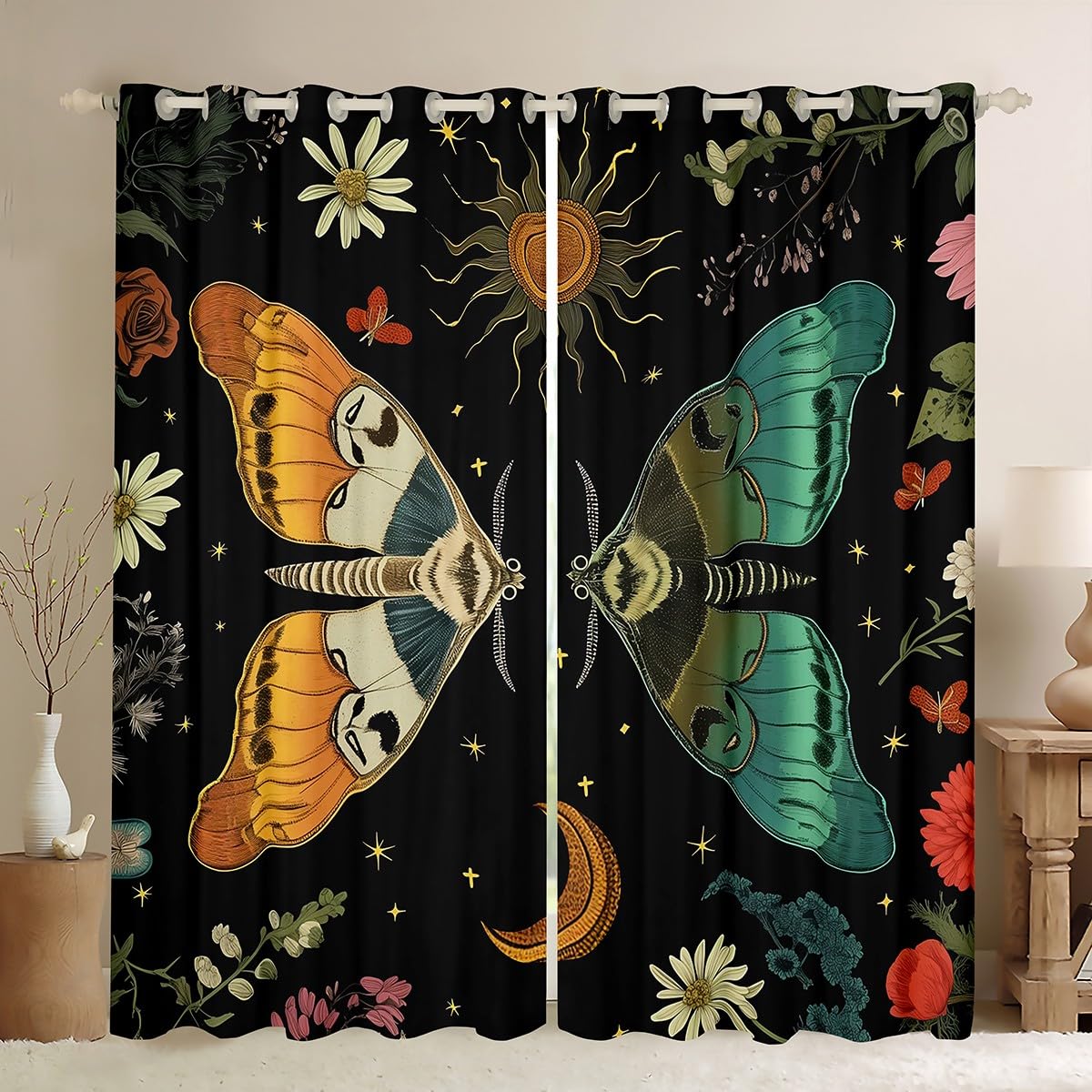 Homemissing Boho Butterfly 30%-50% Blackout Curtains Moon Flowers Window Curtains Moonlit Garden Darkening Drapes Kids Boys Girls Aesthetic Vintage Living Room Window Treatments (2 Panels,W66*L90)