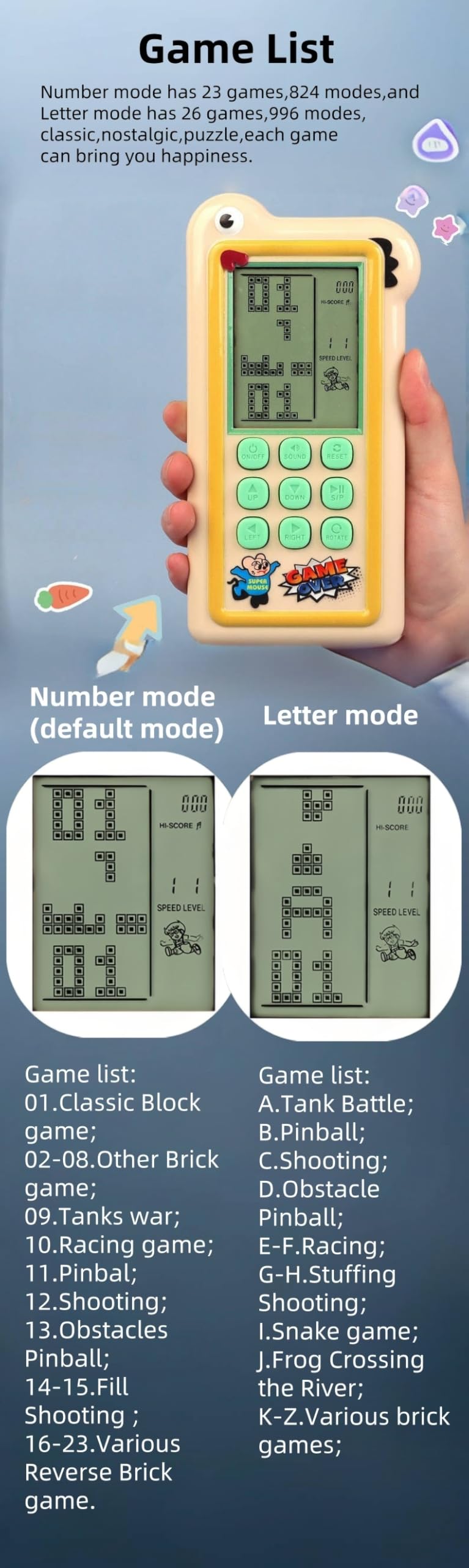 HLF Bloquer la Console de Jeu Mode de Jeu Double 23/26 Jeu de Briques Boutons en Silicone Alimenté par Une Batterie au Lithium Rechargeable/AA Jouet Portatif Rétro Cadeaux Enfants/Adolescents (Khaki)
