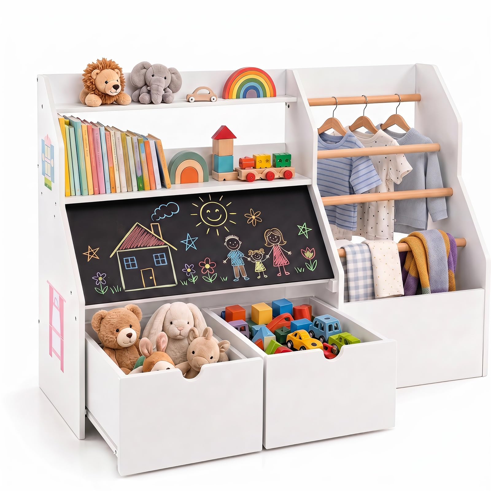 GYMAX Organizer per giocattoli con lavagna ribaltabile e 2 cassetti mobili