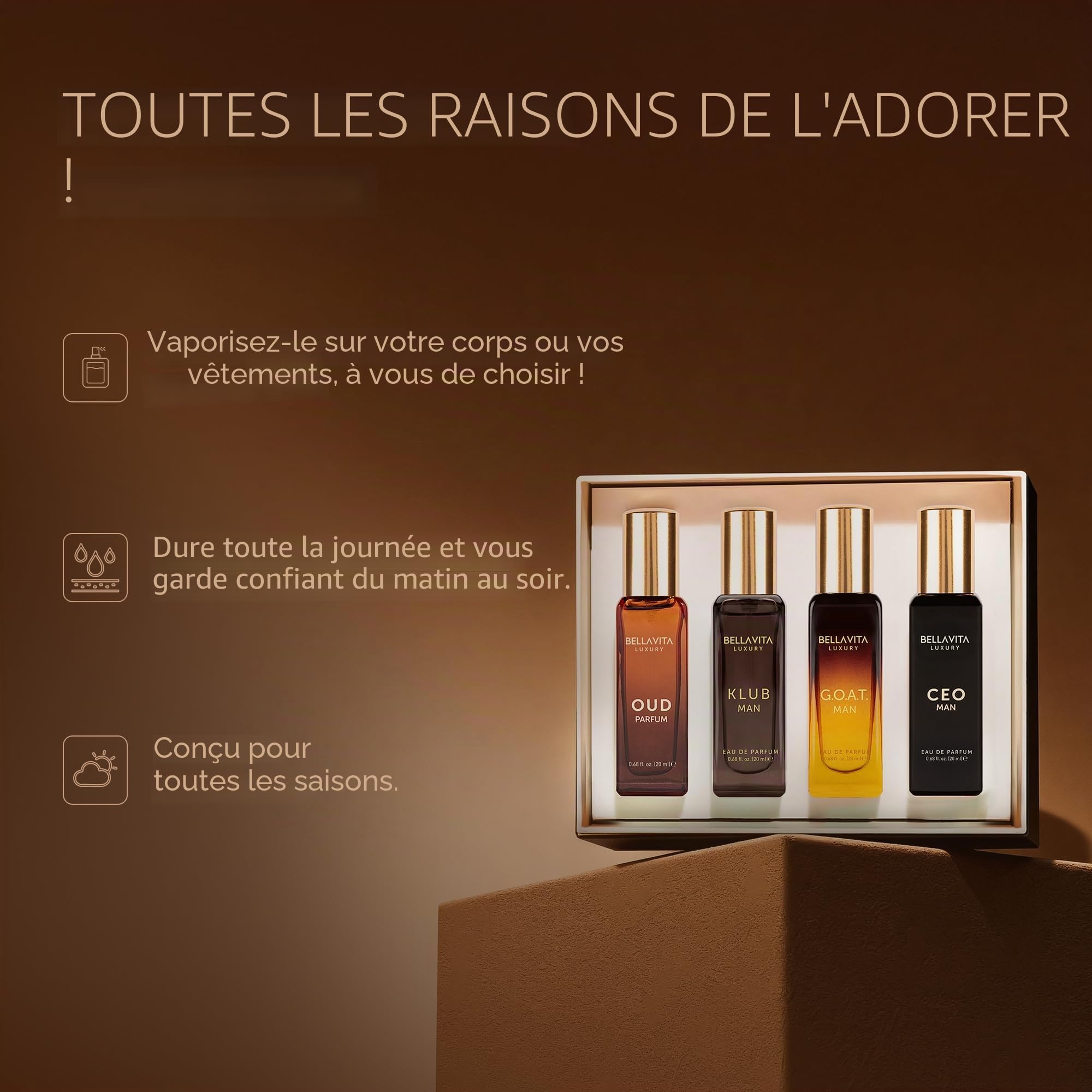 Coffret cadeau de parfum Bella Vita Luxury pour homme 4x20 ML avec Dominus, Oud, CEO, Impact Parfum | Parfum EDP & EDC à long durée aux notes boisées et citronnées