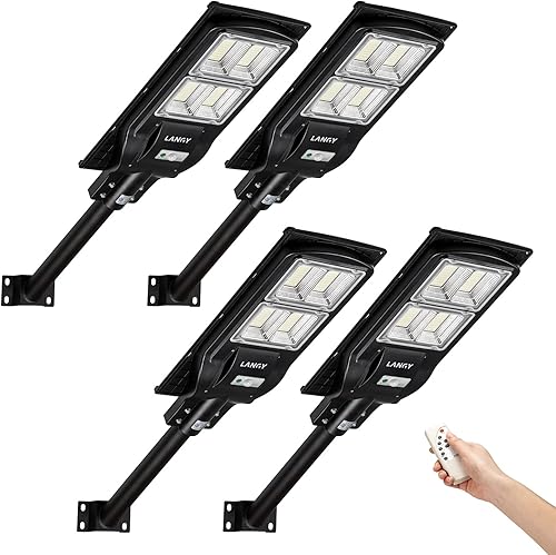 Paquete de 4 farolas solares de 120 W para exteriores, lámpara de calle de 240 lúmenes altos con control de luz y sensor de movimiento PIR, luz de