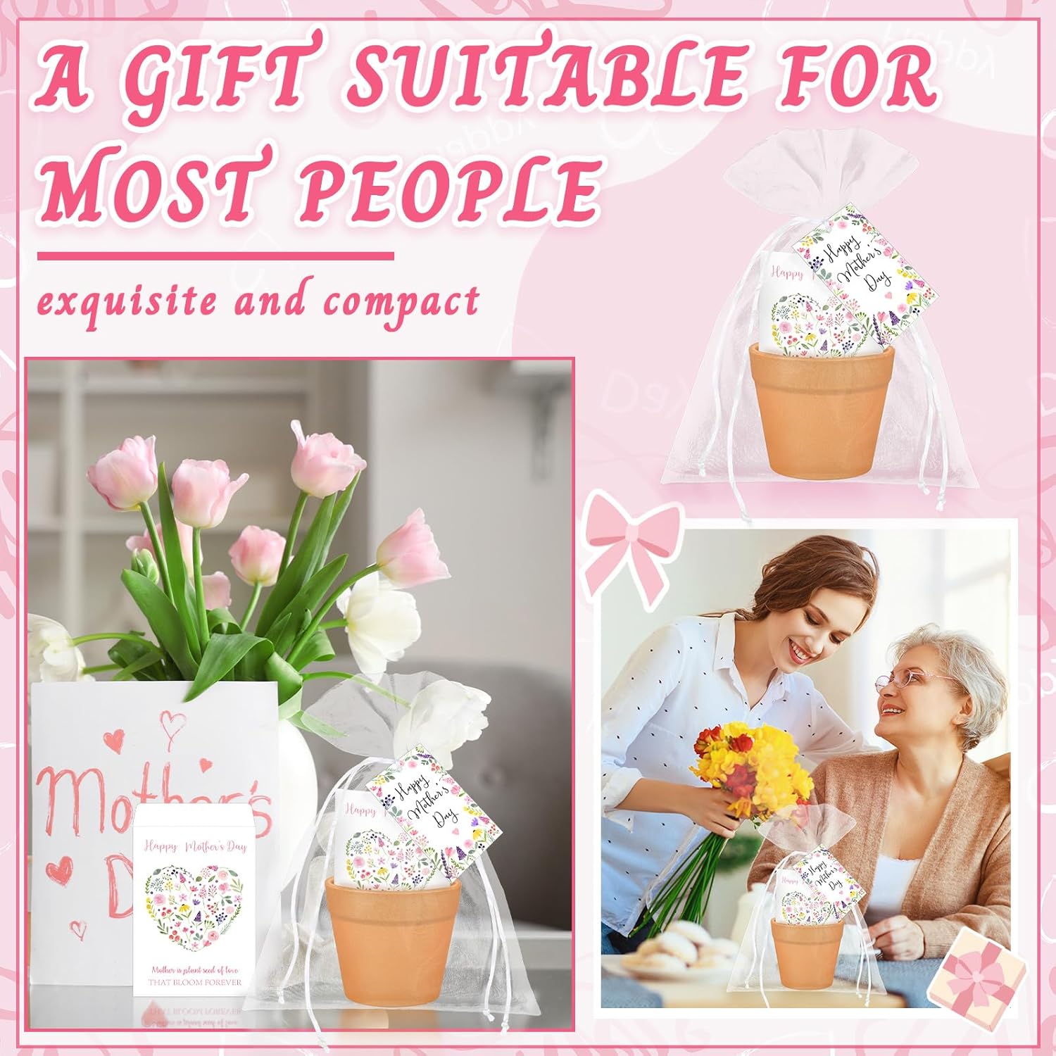 24 Sets Mother's Day Gifts Bulk Floral Seed Packet Flowerpot Greeting Cards Organza Bags for Mother's Day Mom Wife Birthday Holiday Gift Party Favors