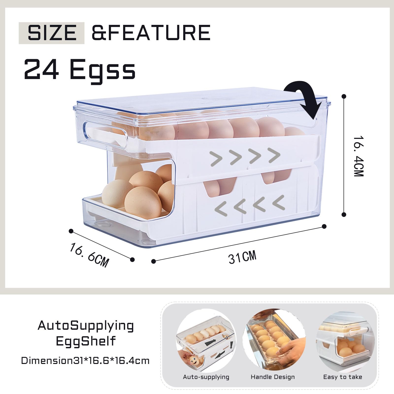 ZSTEA Rolling Egg Holder For Refrigerator,Eggs 24 Count Organizer for Refrigerator,Egg Storage Container Dispenser For Refrigerator,Deviled Egg Containers With Lid,Clear Plastic Egg Tray for fridge