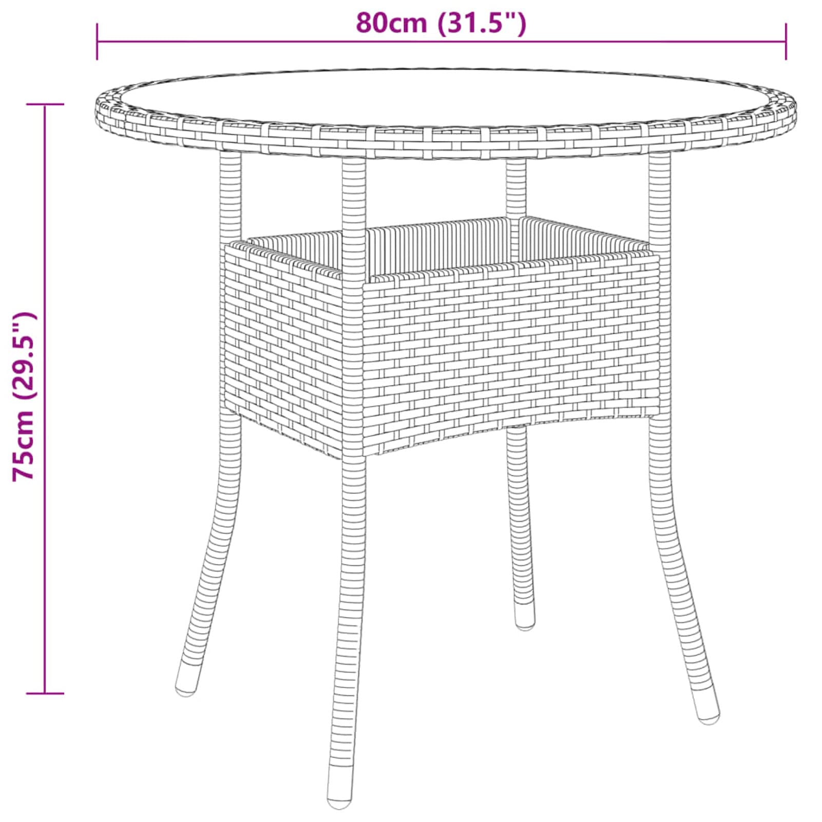 Mesa de jardín, mesa exterior, terraza, exterior, mesa de exterior, mesa de balcón, mesa de camping, mesa cuadrada Ø80 x 75 cm, cristal templado y polirratán negro