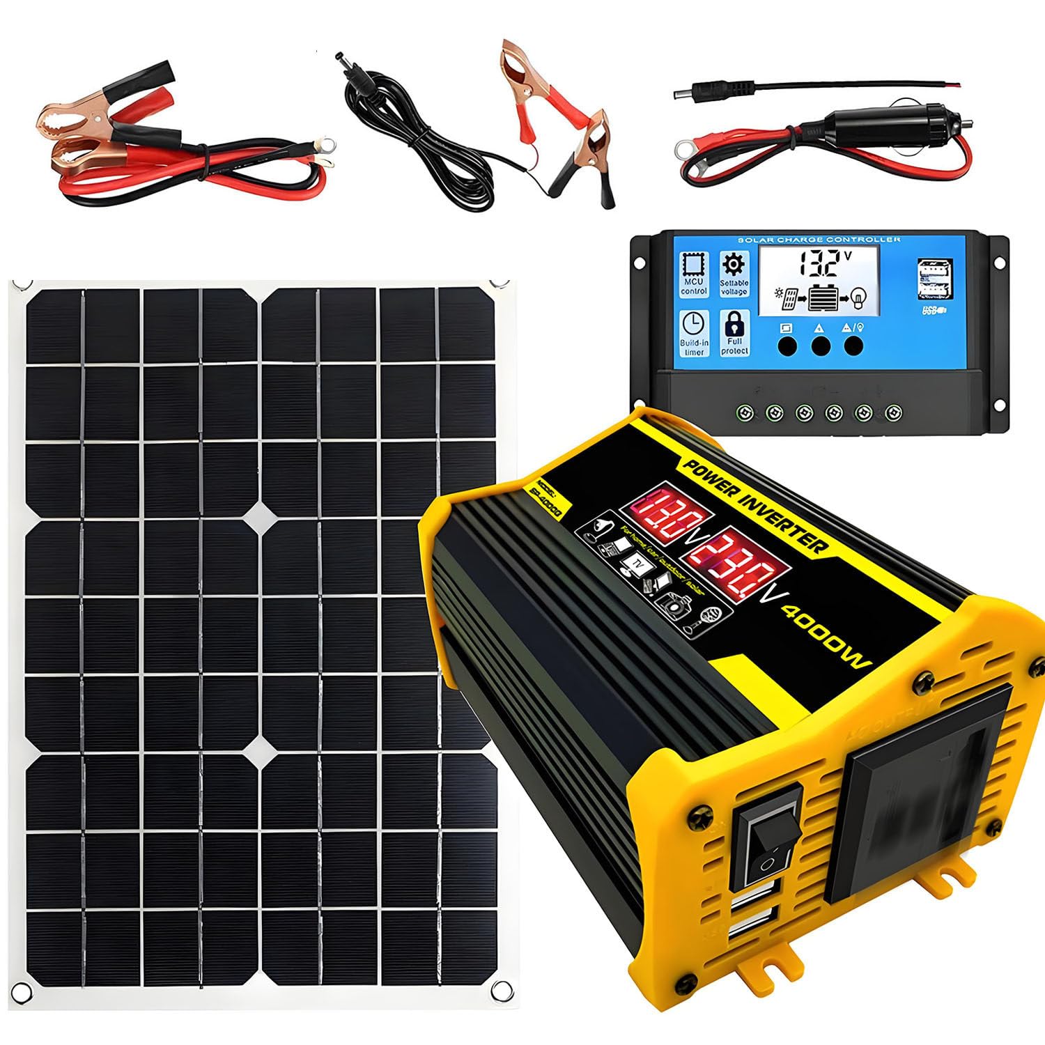 Pannelli Solari Portatili, Pannello Solare da 400W con Inverter Fotovoltaico, Pannello Solare da 18W E Controller da 30A, Kit Completo per Solare Fuori Rete Black-220V