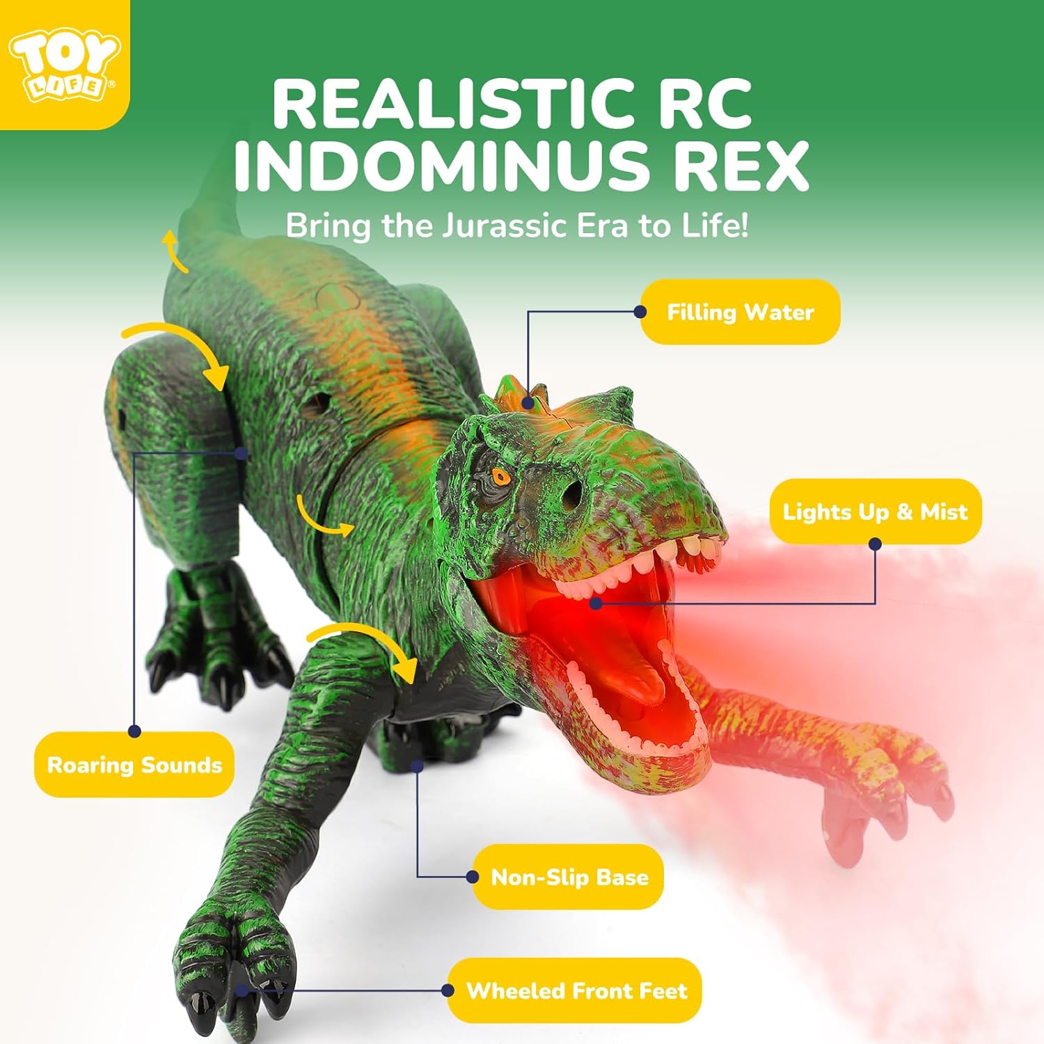 TOY Life Remote Control Dinosaur Toys for Kids 3-5 4-7 8-12, Rechargeable RC T-Rex with Mist Spray, Lights & Sounds, Large Walking Robot Dino Birthday Gifts for Boys Girls - Green