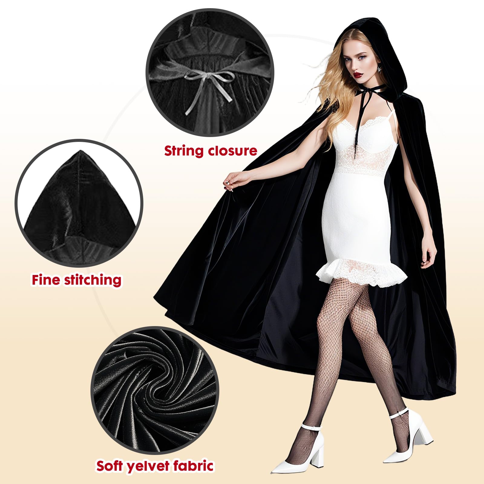 Pinkgraden Velvet Cape Full Length Hooded for Adults Halloween Christmas Fancy Cape (Black, 150cm) - Image 3