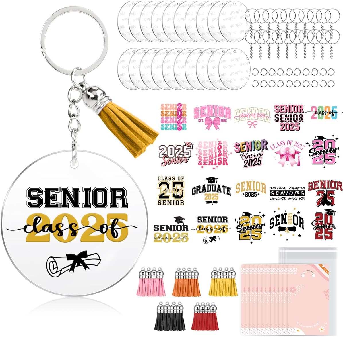 140 PCS Acrylic Keychain Blank Set, 2025 Graduation Season Double-Sided UV DTF Stickers Acrylic Keychain Making Kits for Vinyl DIY Craft Project Graduation Season Preferred Gifts