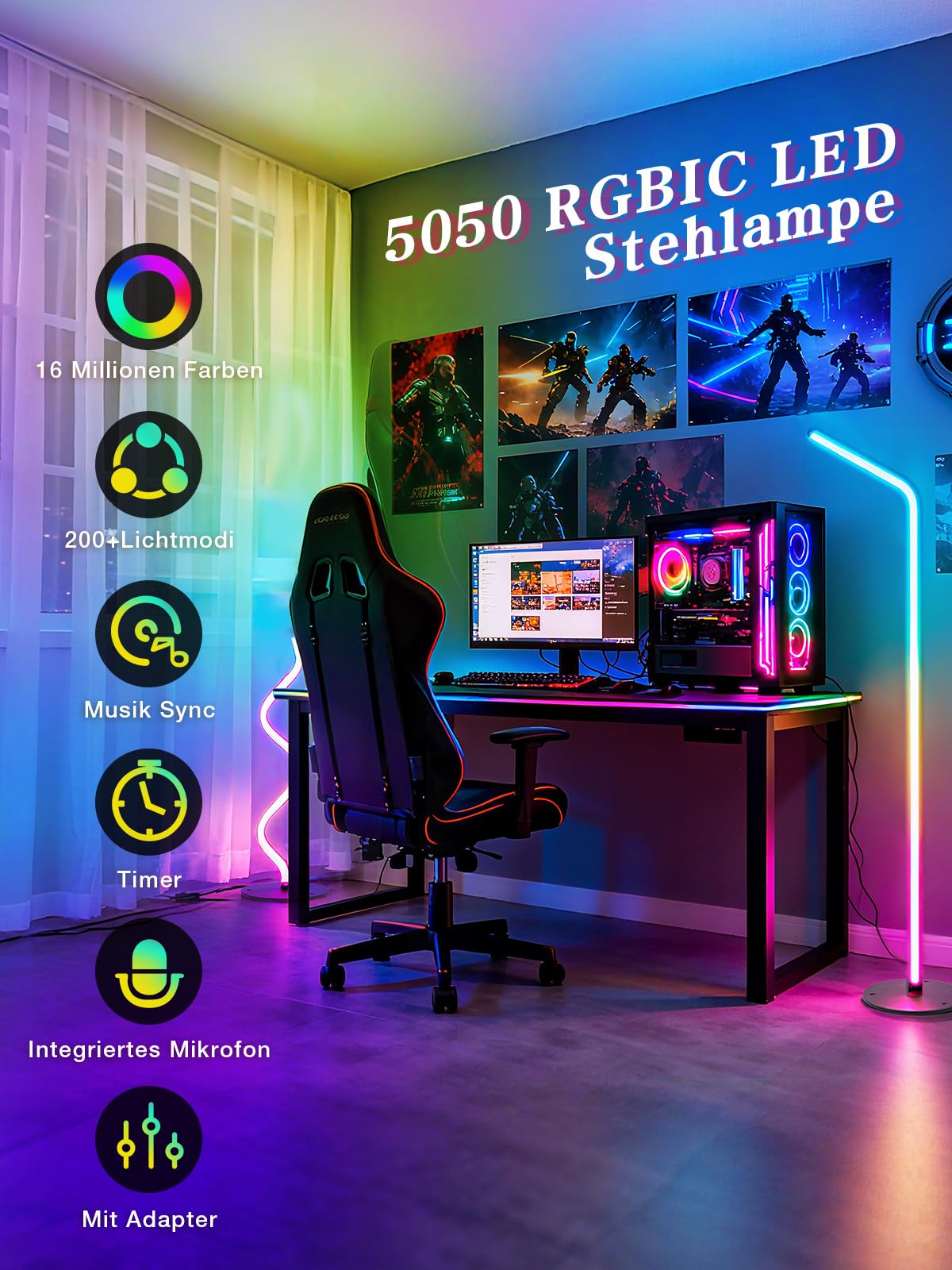 Lámpara de pie LED para salón, lámpara de pie RGBIC regulable, lámpara LED de suelo con mando a distancia y aplicación, 16 millones de colores, 200 modos de escena, modos de música, modo de