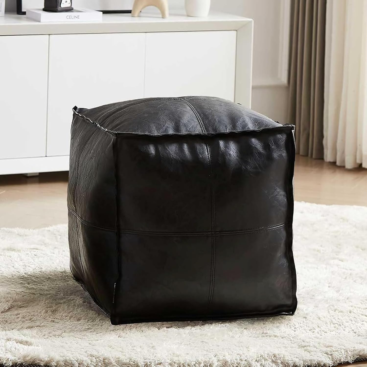 Louis Donné Pouf per pouf non imbottito, 17,7", quadrato, pouf ottomano, per soluzioni di stoccaggio, poggiapiedi in pelle impermeabile, per poggiapiedi (nero)