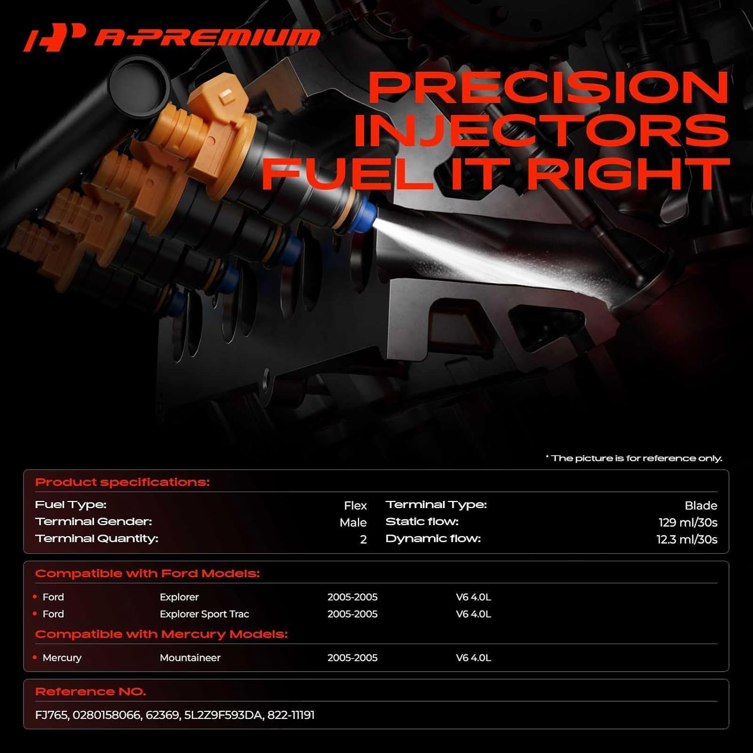 A-Premium Fuel Injectors Compatible with Ford Explorer, Explorer Sport Trac & Mercury Mountaineer 2005 V6 4.0L, Flex, Set of 6, Replace# 0280158066