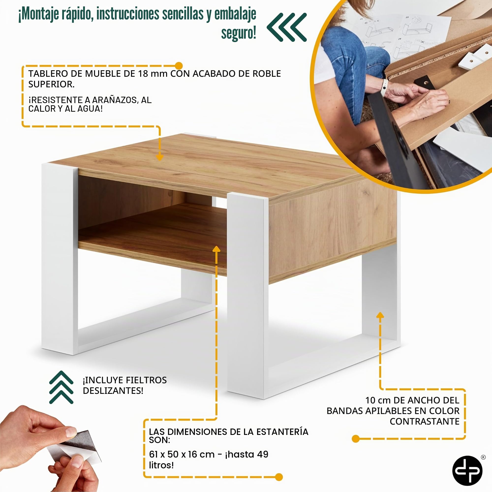defiPad Mesa de centro moderna, roble, 65 cm de ancho, mesa de café maciza y estable, mesa de sofá, color blanco + roble