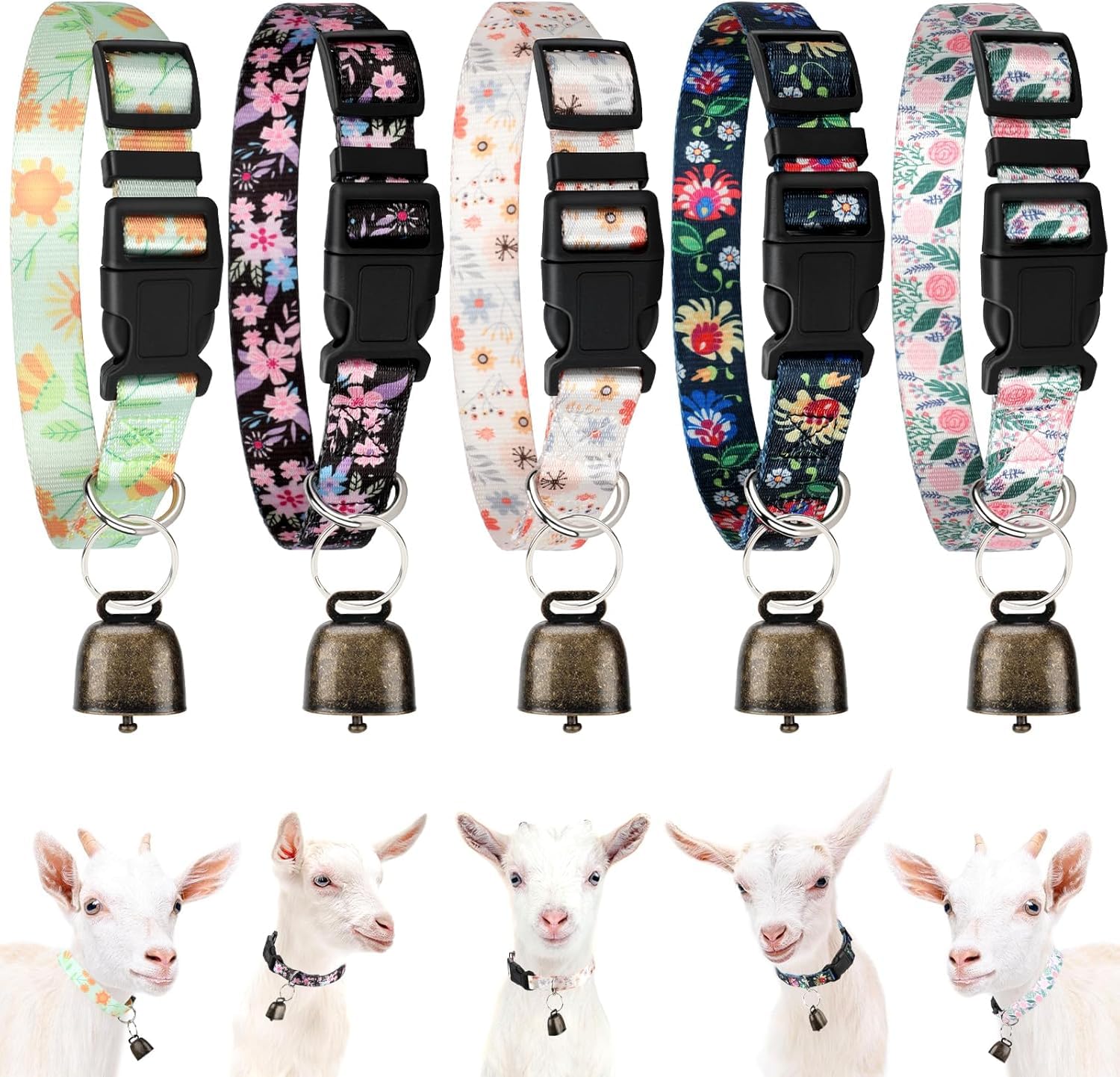 HYLYUN 5 Pack Goat Collars with Bells, Floral Adjustable Nylon for Sheep