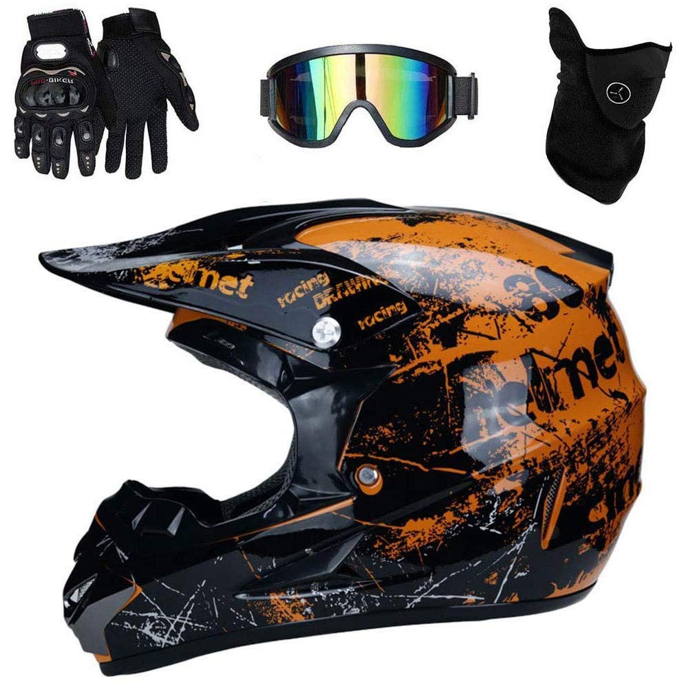 Youth Kids MTB Motocross Helmet Set, with Goggles Gloves Mask, Unisex Full Face Off Road ATV Motorbike Helmet, DOT Certified Downhill Enduro DH Quad Dirt Bike Crash Helmet (Color : Orange, Size : S/