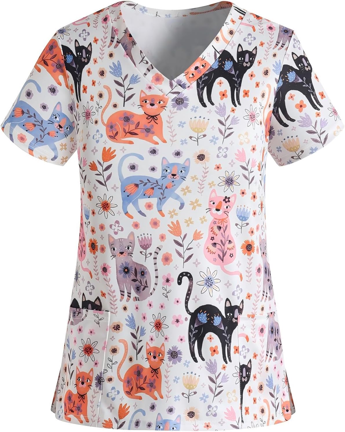 Holiday Scrub Tops for Women Short Sleeve Vneck Stretchy Nurse Workwear Uniforms Cute Printed 2 Pockets Scrub Shirt